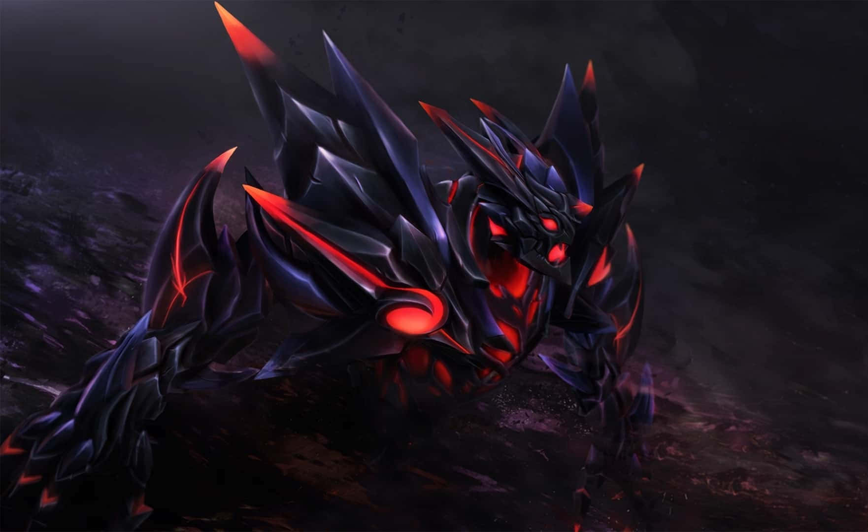 Shadow Fiend 桌布 壁紙 — 一個帶有發光紅眼和尖刺的威脅性黑色裝甲生物，蹲伏在黑暗、煙霧彌漫的環境中。