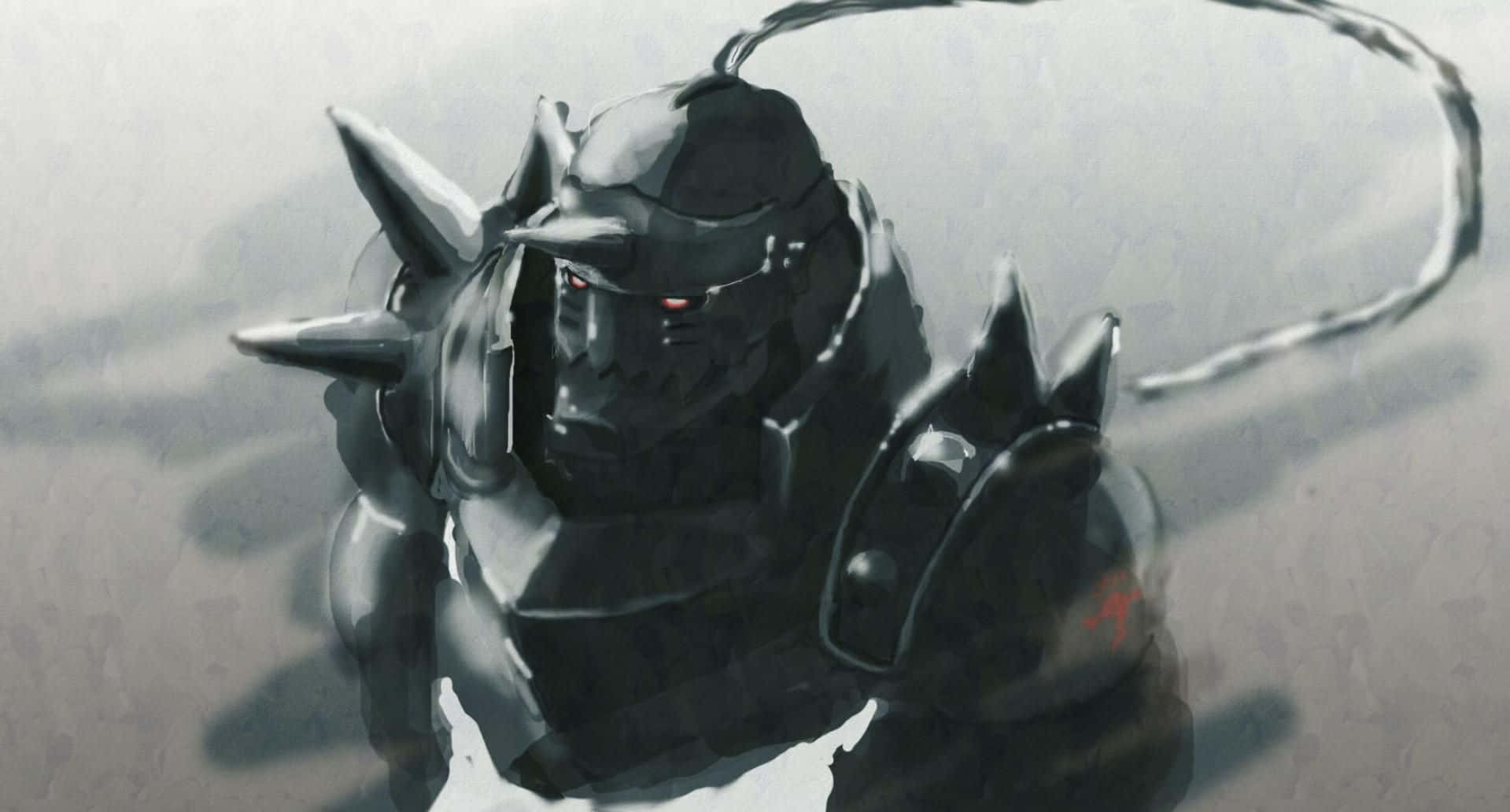 Alphonse Elric 桌布 壁紙 — 一個帶有發光紅眼和尖刺肩膀的威脅性黑色裝甲機械人，站立在單色環境中。