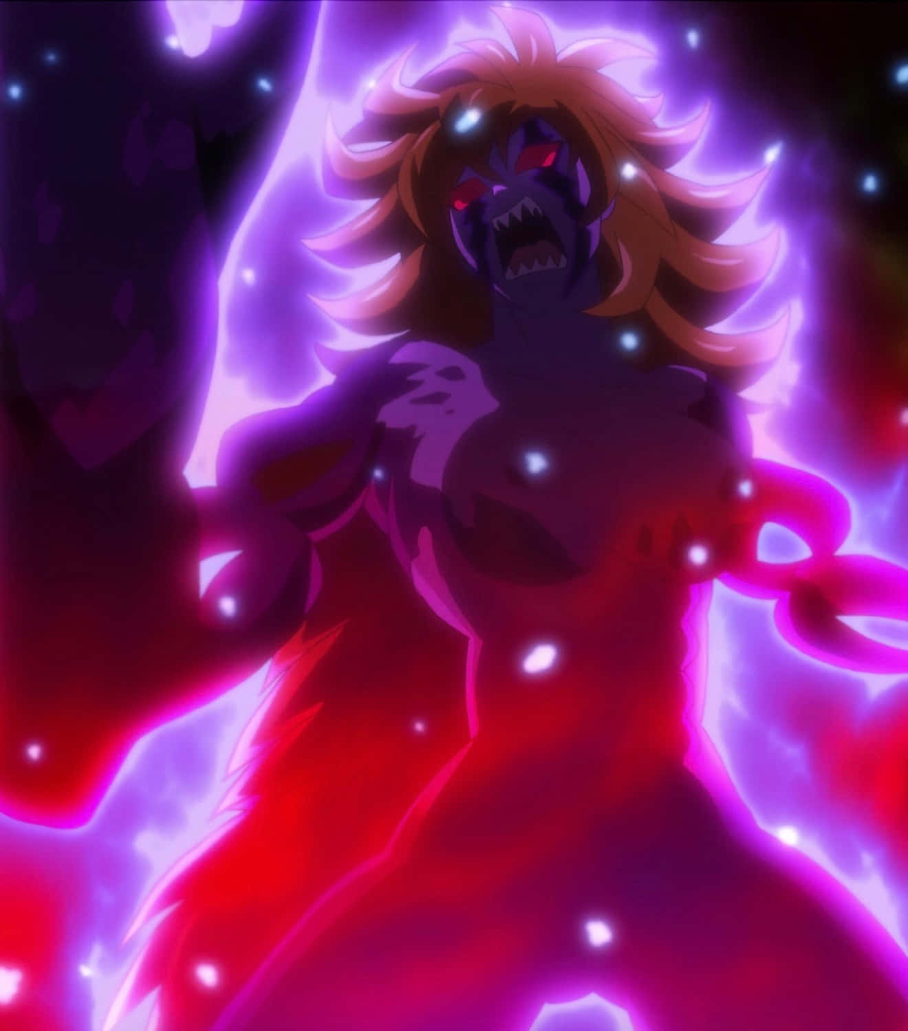 Seven Deadly Sins Derieri 桌布 壁紙 — 一個帶有發光紅眼和尖刺頭髮的威嚇性動漫角色，在黑暗的宇宙背景下散發出紫色和紅色的能量。