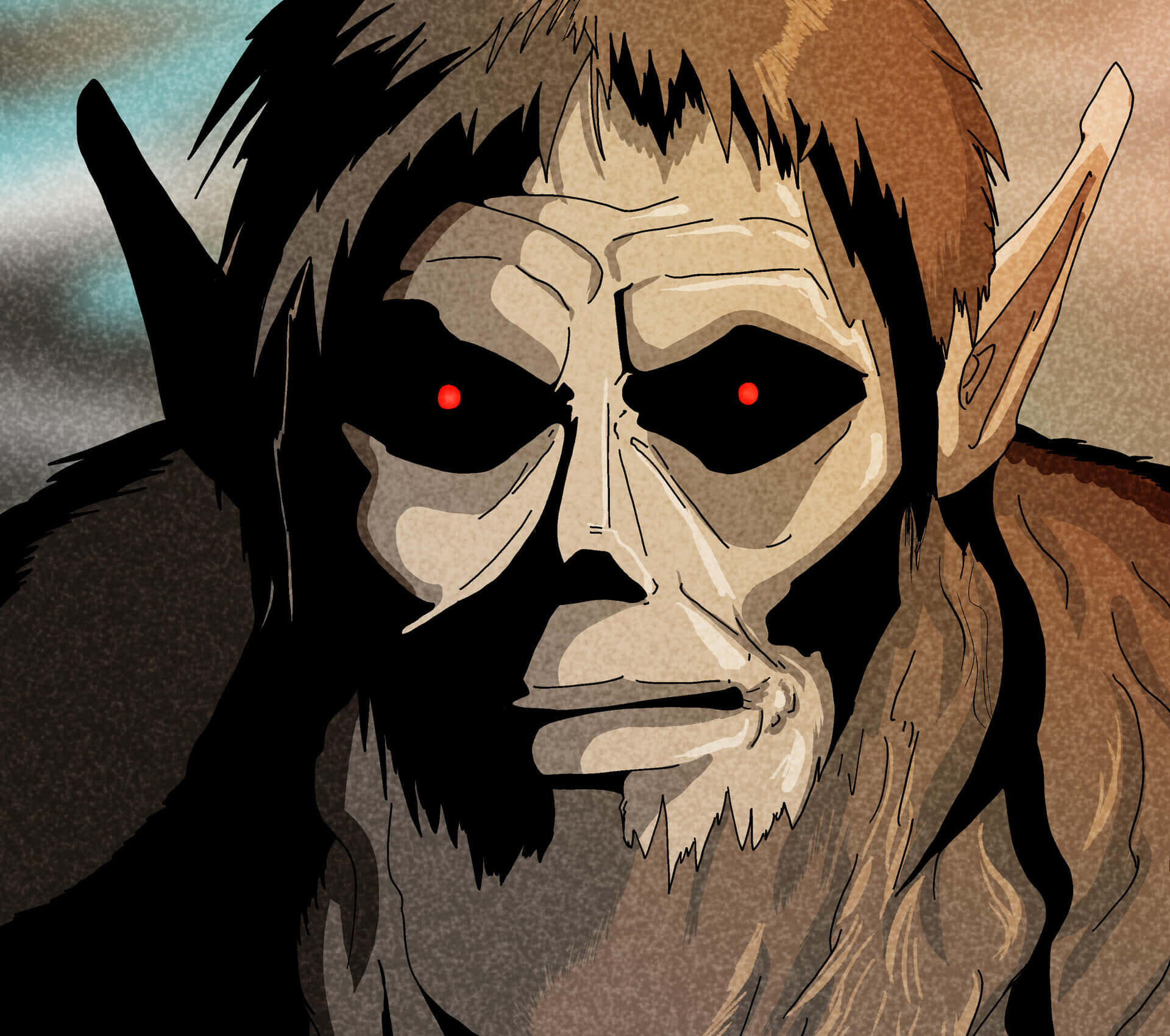 Beast Titan 桌布 壁紙 — 一個帶有發光紅眼和尖耳朵的威脅性插畫獸人，在柔和天空背景下強烈凝視。