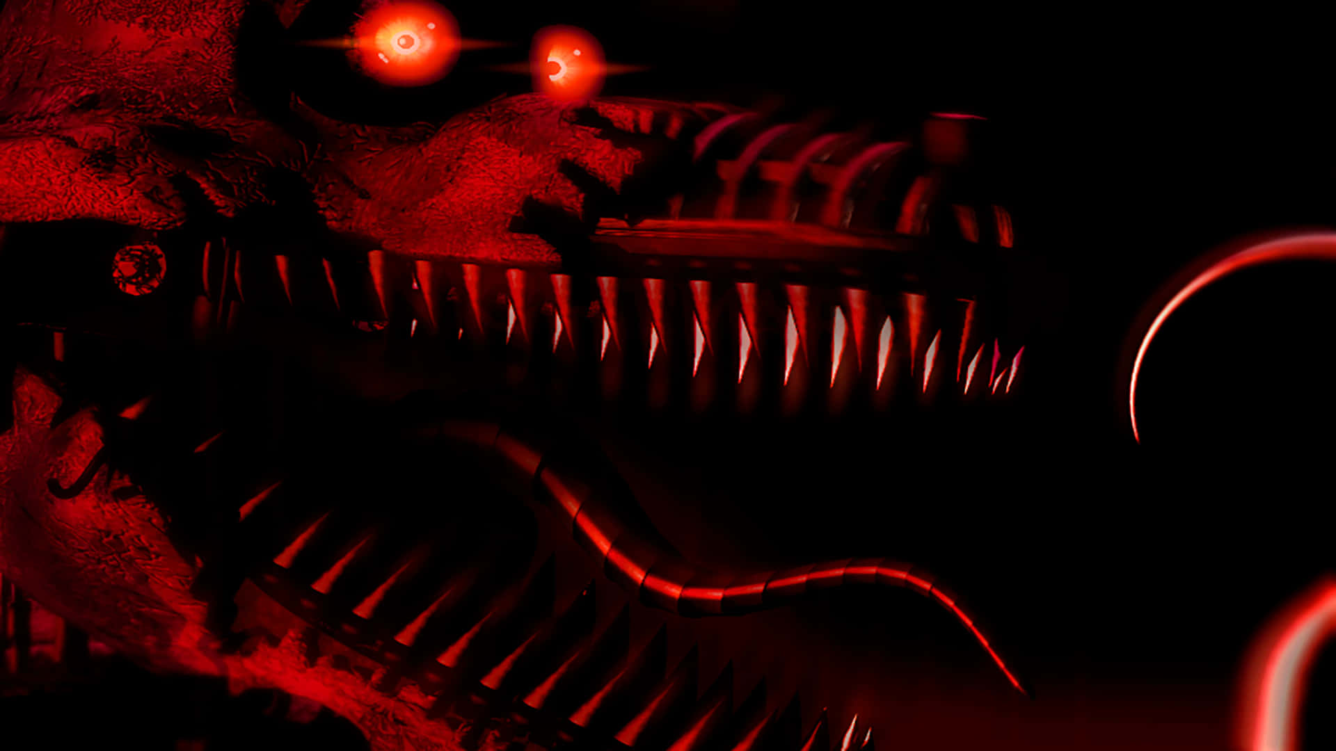 Fnaf Jumpscare 桌布 壁紙 — 一個帶有發光紅眼和尖銳牙齒的威脅生物，在邪惡的紅光中從黑暗中出現。