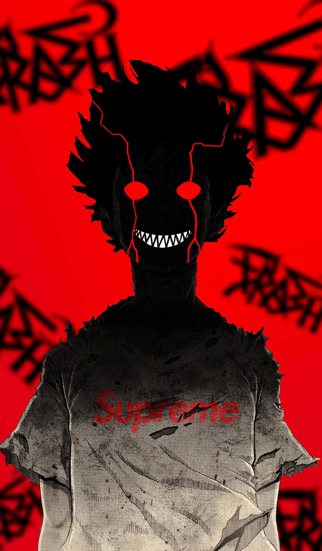 Horror Anime 桌布 壁紙 — 一個帶有發光紅眼和尖銳牙齒的威脅性黑色剪影，站在充滿混亂塗鴉的鮮紅色背景前。