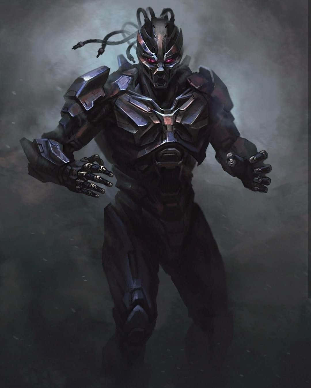 Mortal Kombat Triborg 桌布 壁紙 — 一個帶有發光紅眼和機械觸手的威脅性裝甲戰士，在黑暗霧氣環境中向前猛衝。