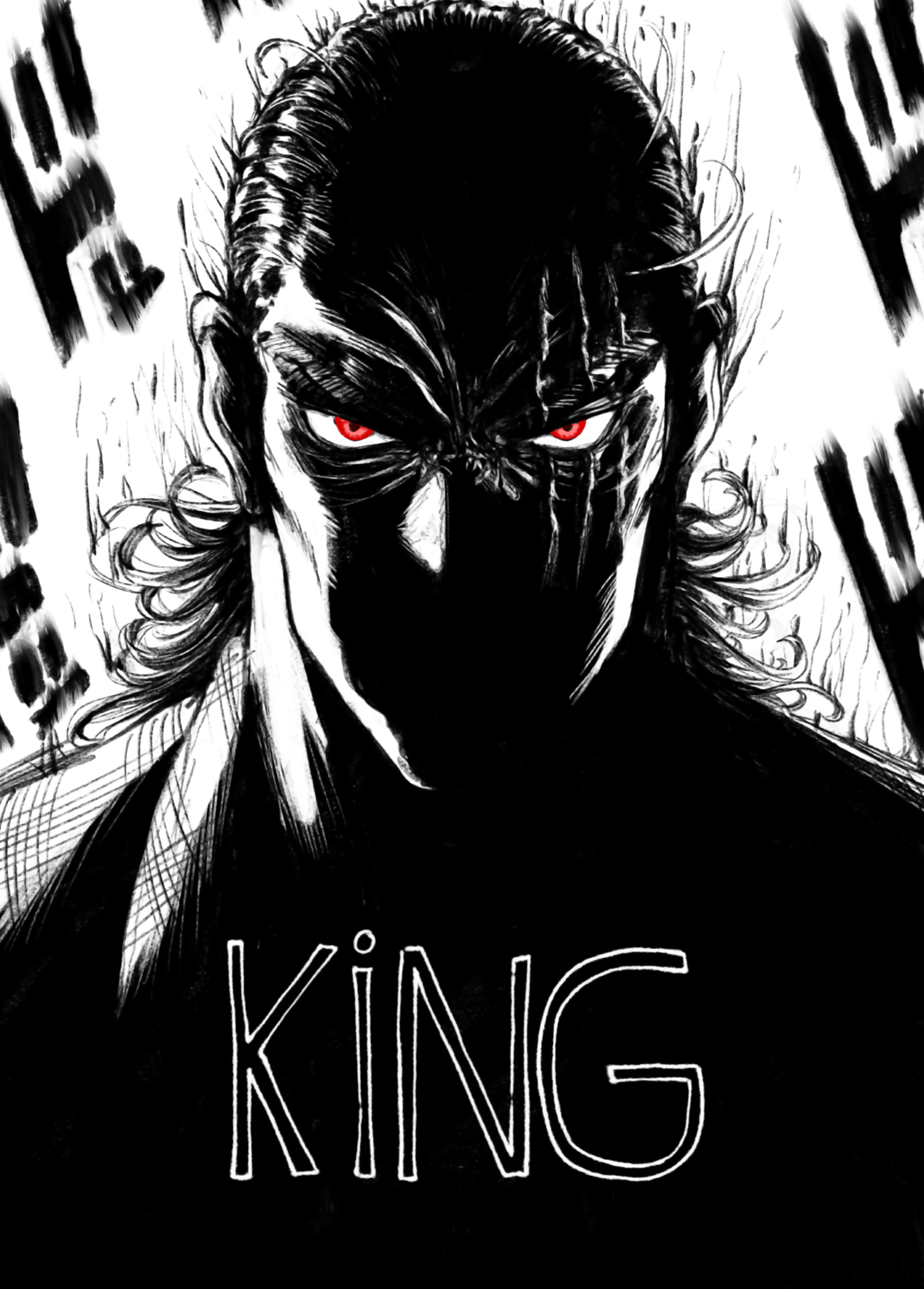 One Punch Man King 桌布 壁紙 — 一個帶有發光紅眼和深色頭髮的威脅性動漫角色，在鮮明的黑白背景下強烈凝視。