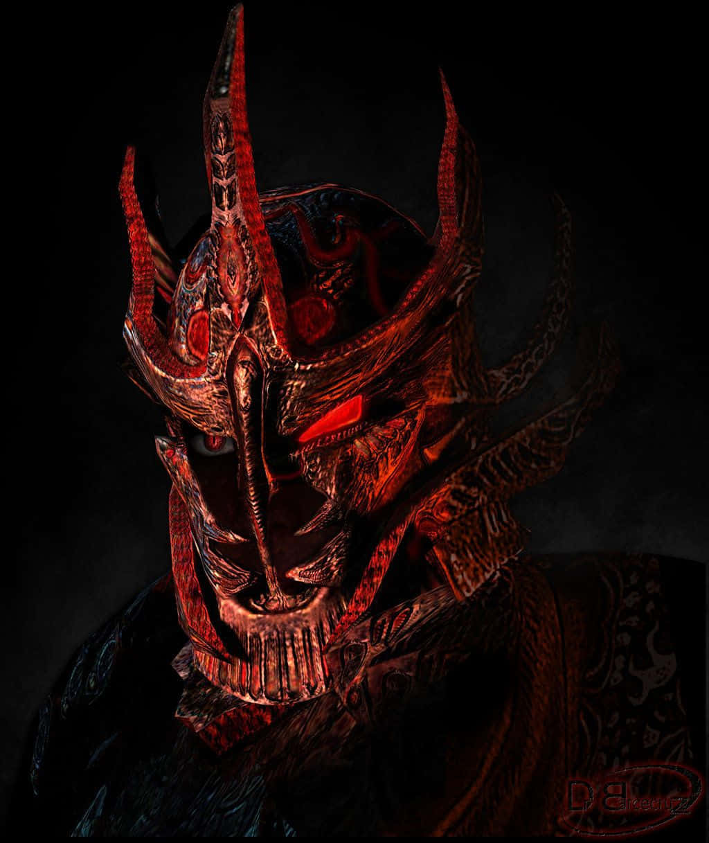 Skyrim Daedric 桌布 壁紙 — 一個帶有發光紅眼和精細雕刻的威脅性惡魔頭盔，在黑暗背景中閃耀。