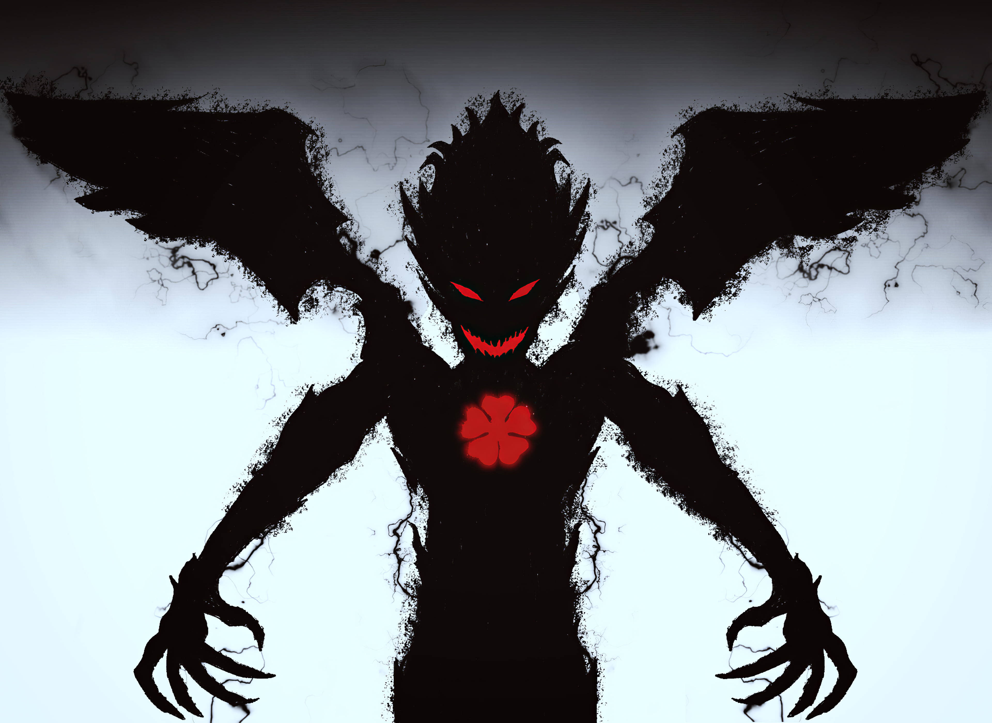 evil smile 桌布 壁紙 — 一個帶有發光紅眼和紅色花卉徽章的兇猛黑翼惡魔，站在裂紋白色背景前。