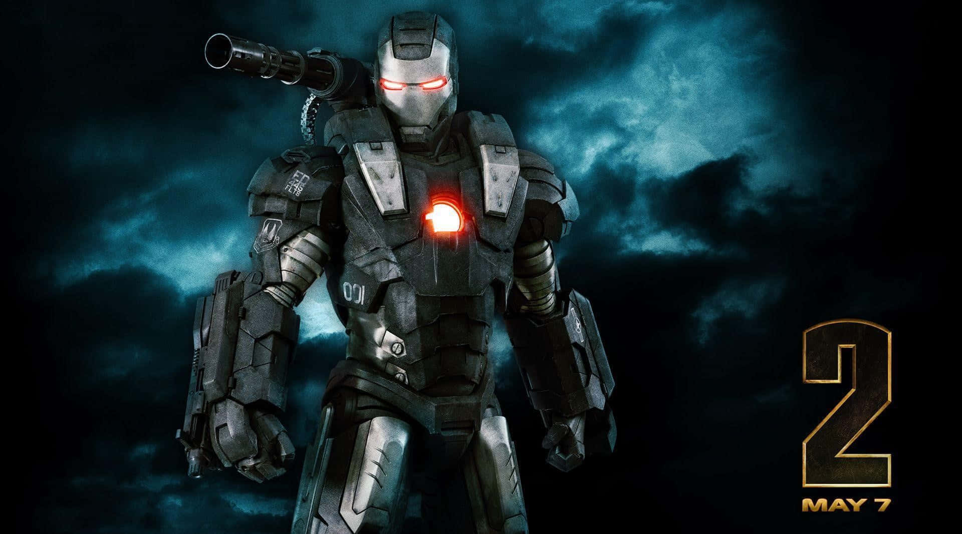 Iron Man Movies 桌布 壁紙 — 一個帶有發光紅眼和胸部的威脅性裝甲超級英雄，在黑暗暴風雨的天空下手持武器站立。