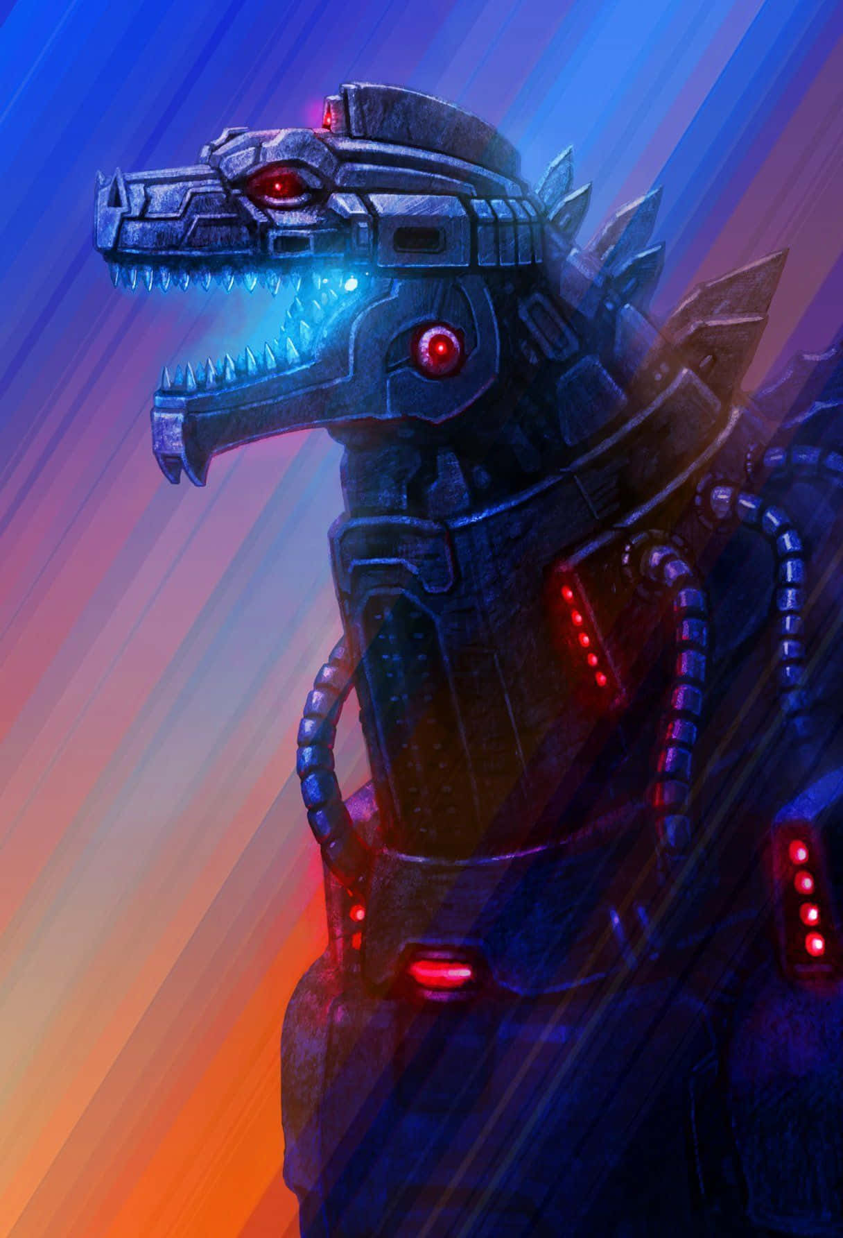 Robot Godzilla 桌布 壁紙 — 一個帶有發光紅眼和藍色能量牙齒的威脅性機械怪獸，站在充滿活力的漸變天空前。