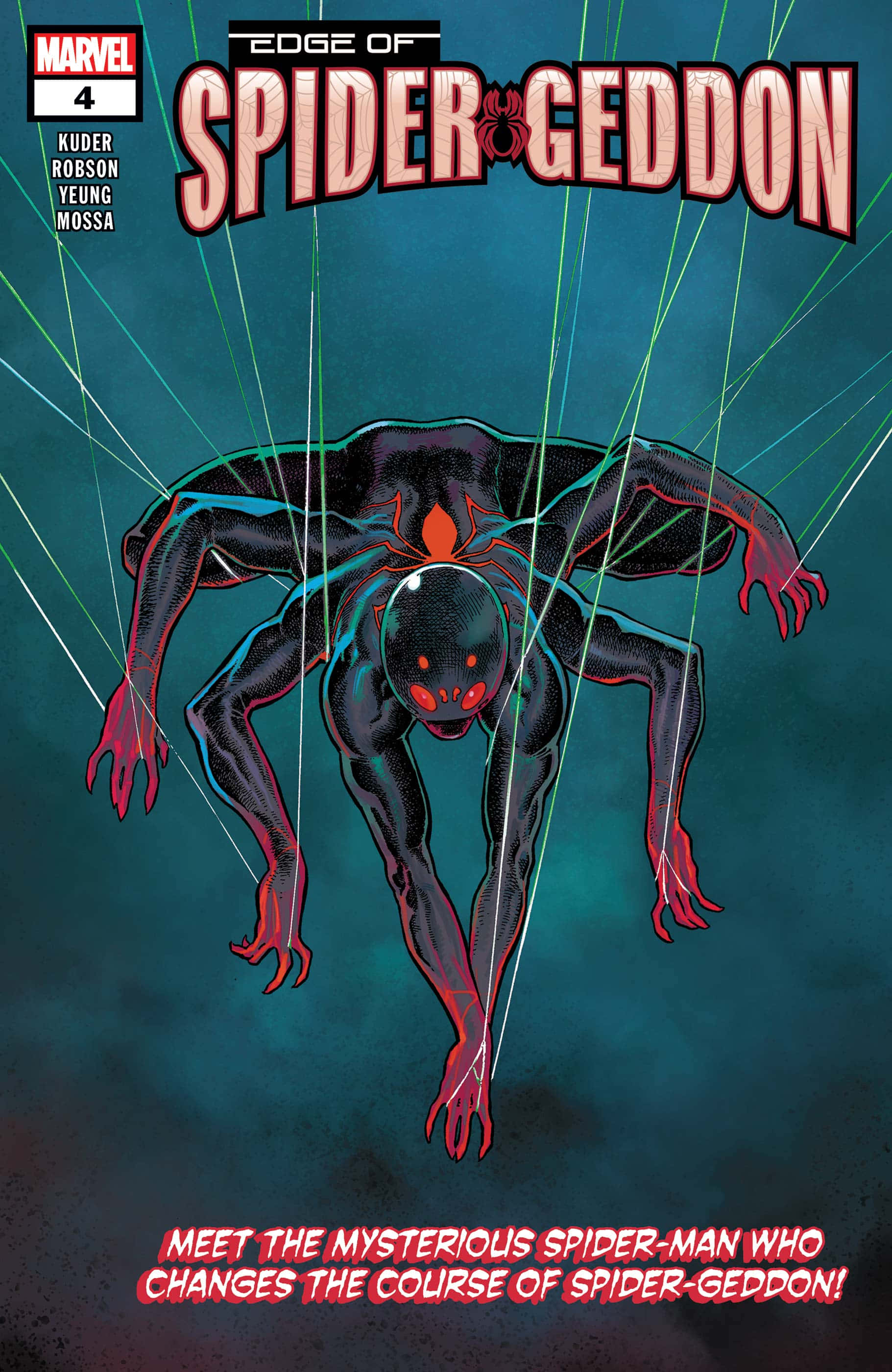 Spider-geddon 桌布 壁紙 — 一個帶有發光紅眼和蜘蛛網線懸掛在深藍綠色背景上的威脅性蜘蛛俠。