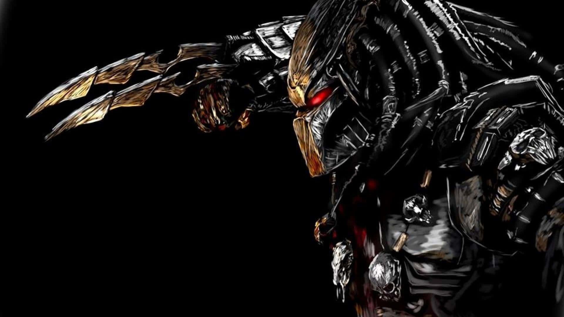Wolf Predator 桌布 壁紙 — 一個帶有發光紅眼和金色武器的威脅性掠食者戰士，在純黑背景上赫然聳立。