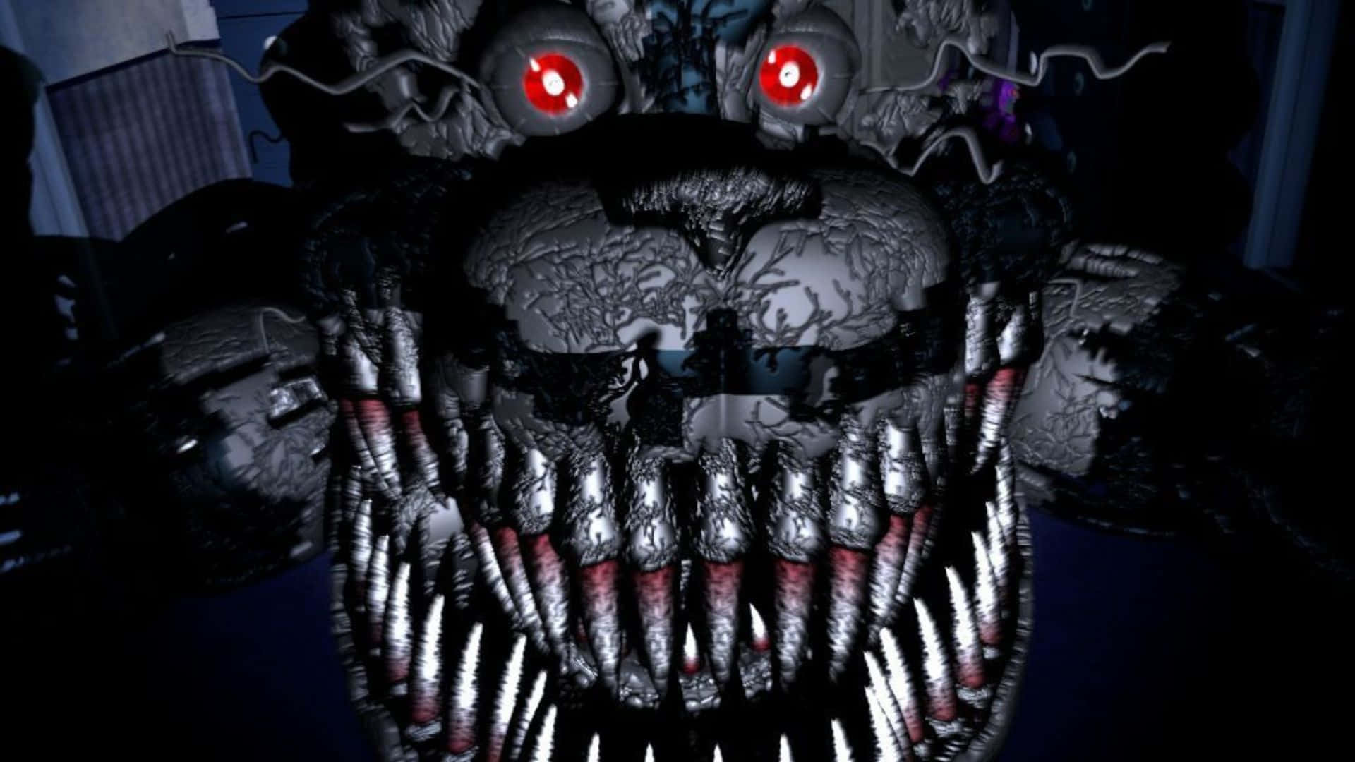Fnaf Jumpscare 桌布 壁紙 — 一個帶有發光紅眼和鋸齒狀牙齒的威脅性電子動畫在黑暗的房間中若隱若現。