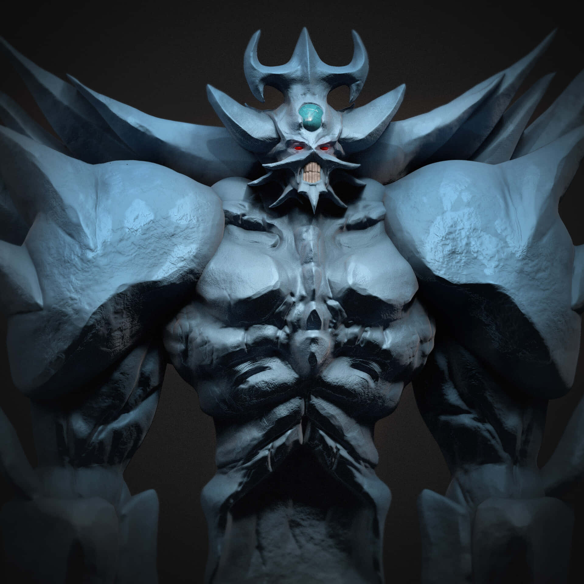 Obelisk The Tormentor 桌布 壁紙 — 一個帶有發光紅眼和鋸齒狀角的威脅性冰惡魔，以黑暗冰冷的姿態站立。