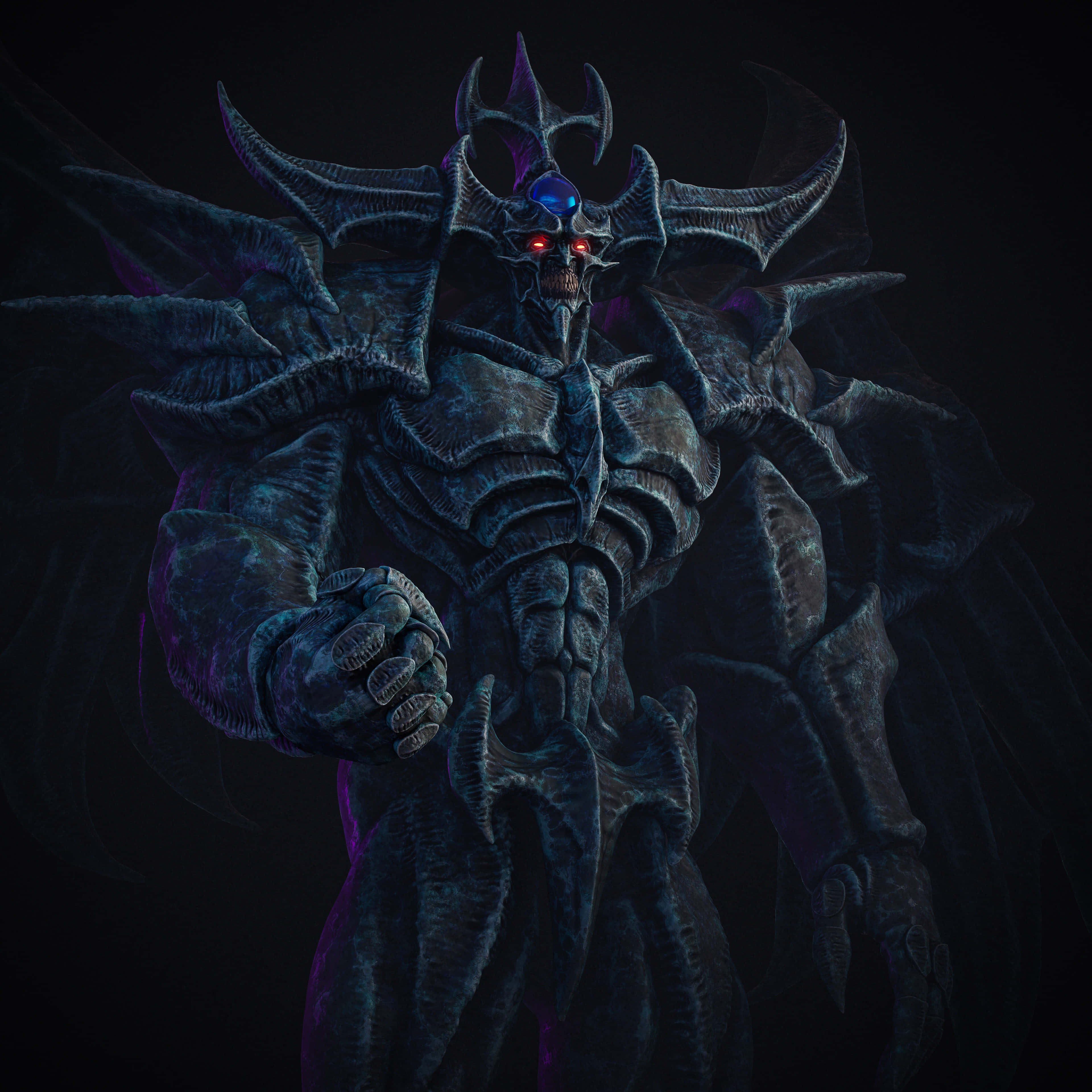 Obelisk The Tormentor 桌布 壁紙 — 一個帶有發光紅眼和鋸齒狀角的威脅性深藍色惡魔形象，站在黑色背景前。