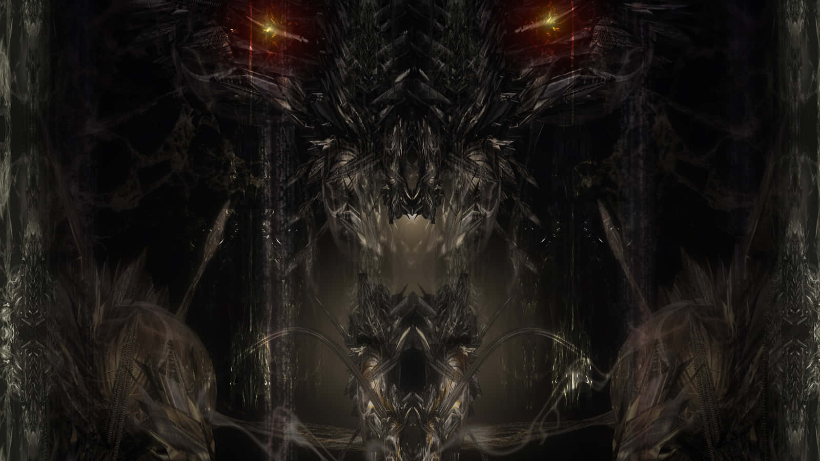Dark Gothic 桌布 壁紙 — 一個帶有發光紅眼和鋸齒狀金屬尖刺的威脅性對稱數碼藝術生物從黑暗中浮現。