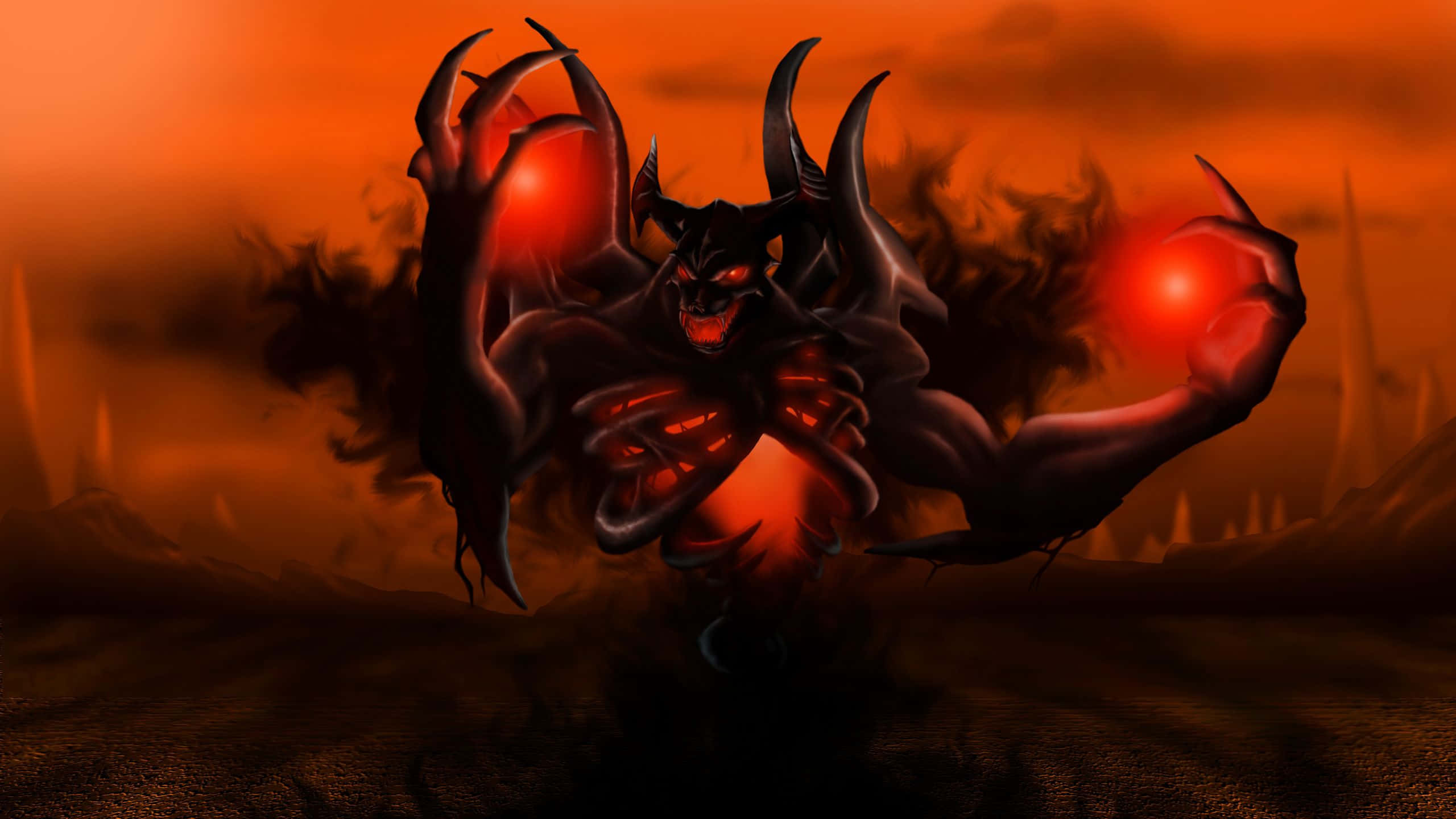 Shadow Fiend 桌布 壁紙 — 一個帶有發光紅眼和雙手的威脅性有角惡魔，站在熾熱橙色的地獄般景觀中。