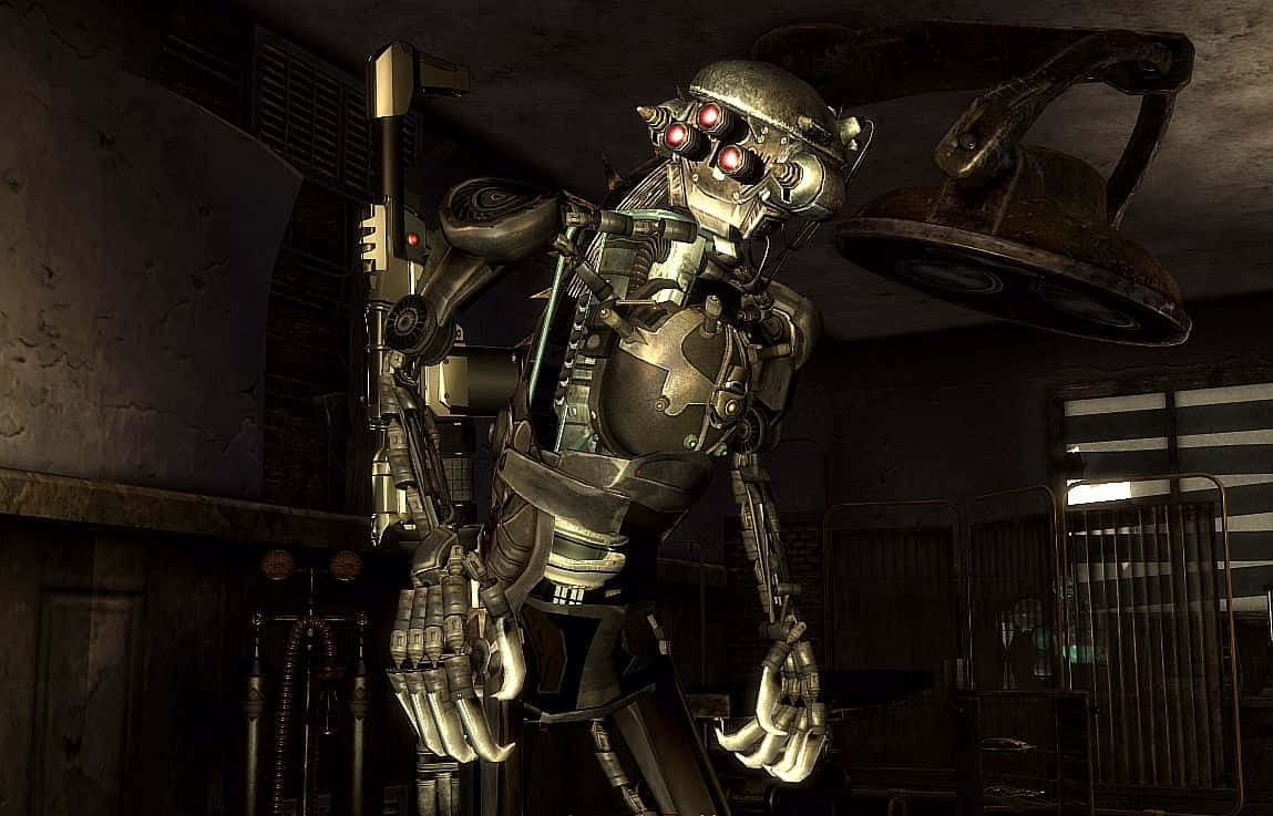 Fallout Characters 桌布 壁紙 — 一個帶有發光紅眼的威脅性生物機械機械人，站在光線昏暗、生鏽的工業房間裡。