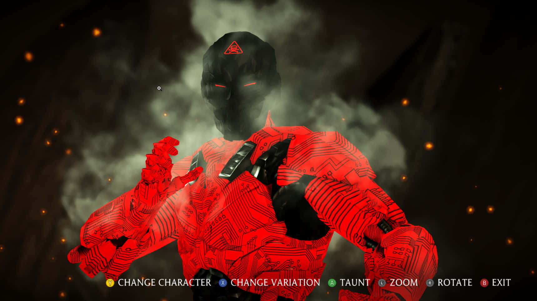 Mortal Kombat Triborg 桌布 壁紙 — 一個帶有發光紅眼的威脅性紅色電路板裝甲人物從煙霧瀰漫的黑暗中出現，周圍環繞著漂浮的餘燼。