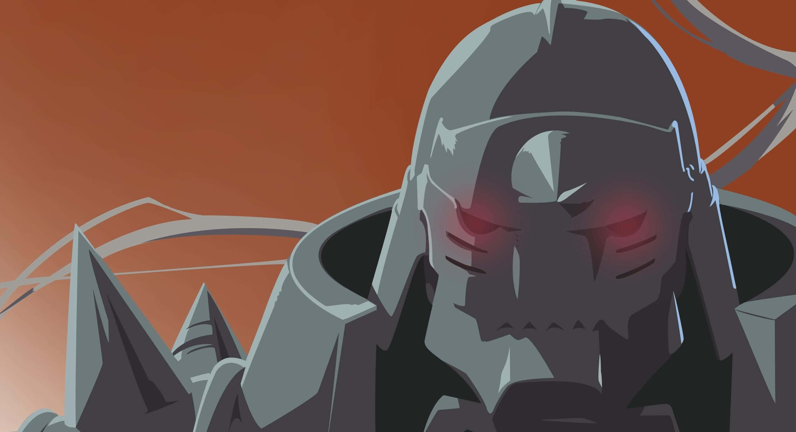 Alphonse Elric 桌布 壁紙 — 一個帶有發光紅眼的威脅性裝甲戰士，站在帶有鋸齒狀尖刺的熾熱橙色背景前。
