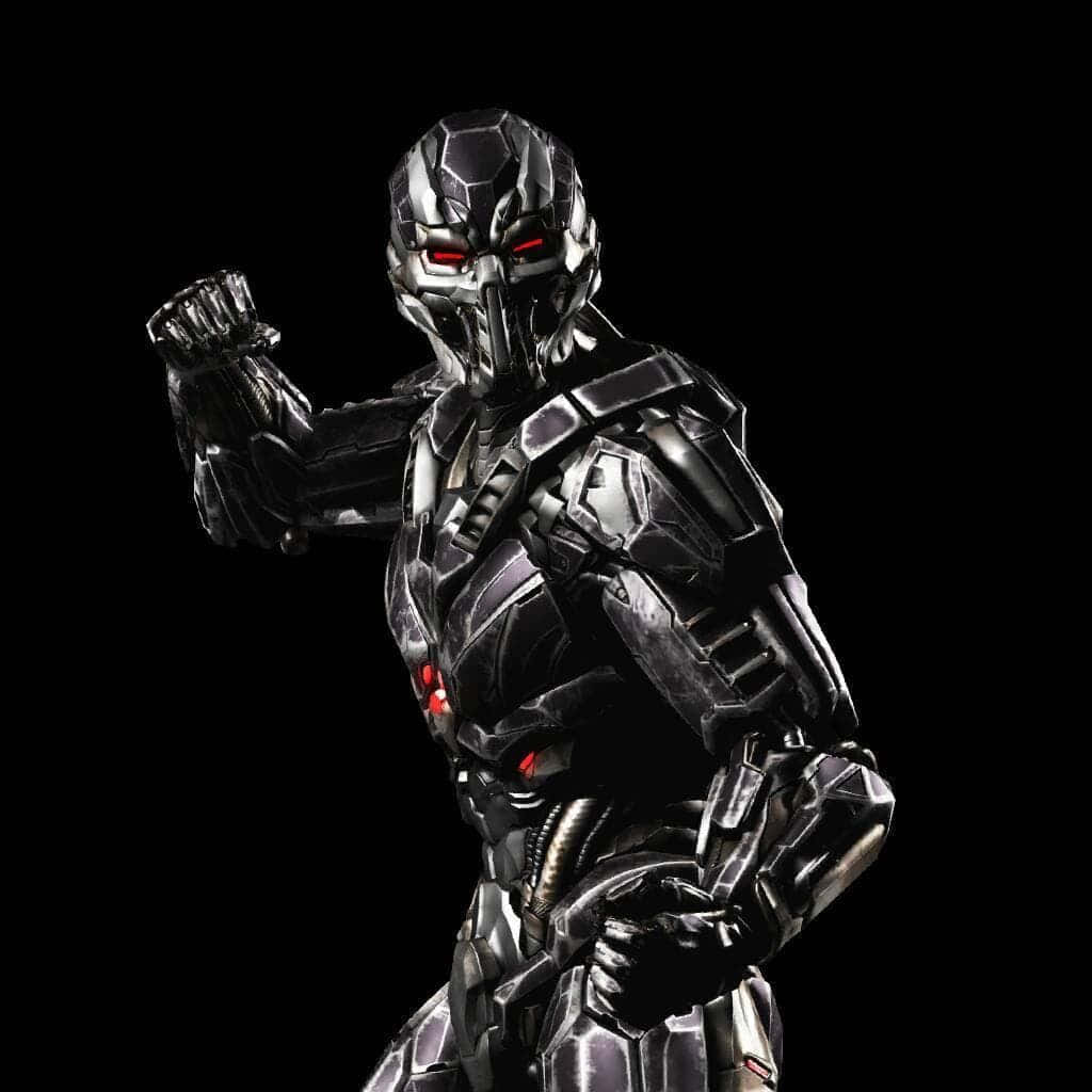 Mortal Kombat Triborg 桌布 壁紙 — 一個帶有發光紅眼的威脅性銀色裝甲機械人在黑色背景前擺出強力姿勢。