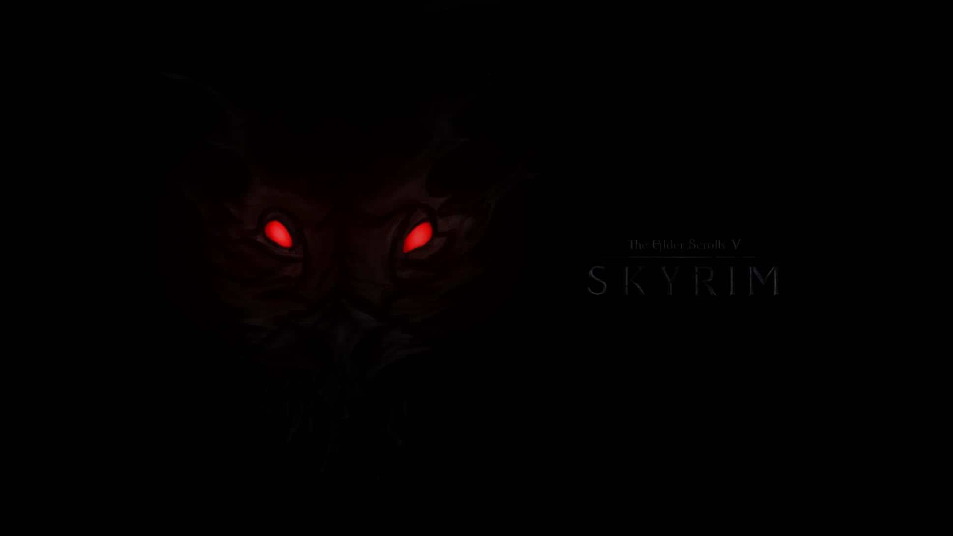 Skyrim Alduin 桌布 壁紙 — 一個帶有發光紅眼的威脅性黑暗身影從《上古卷軸V：無界天際》標題旁的黑暗中浮現。