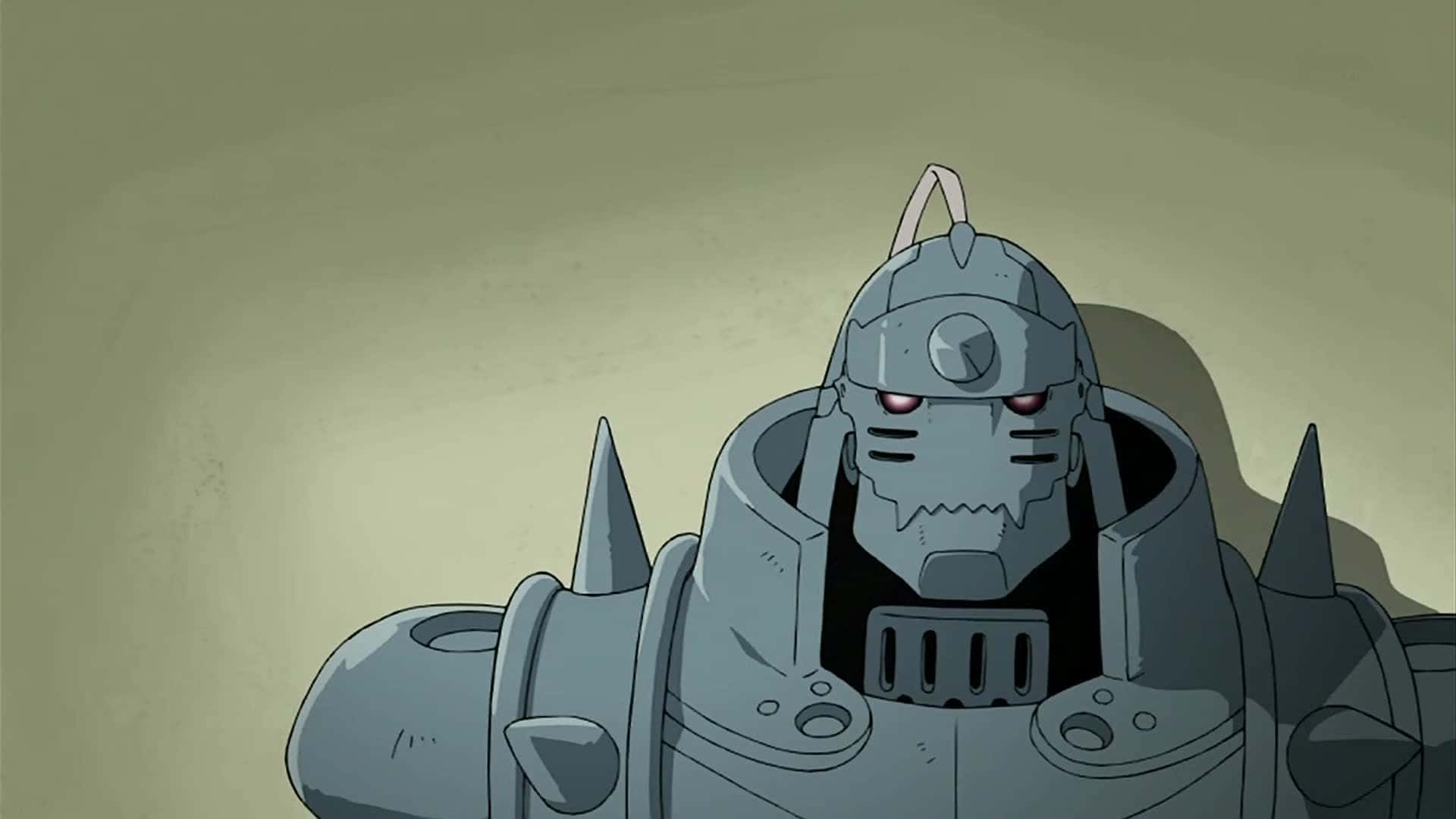 Alphonse Elric 桌布 壁紙 — 一個帶有發光紅眼的灰色裝甲機械人，在柔和的綠色背景下向前凝視。