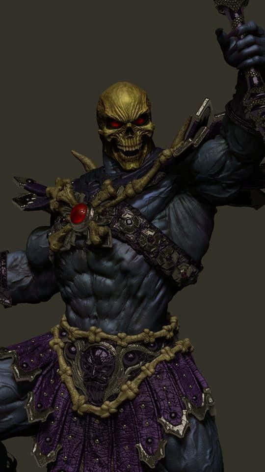 Masters Of Evil 桌布 壁紙 — 一個帶有發光紅眼的金色骷髏戰士在黑暗背景下揮舞著帶刺的武器。