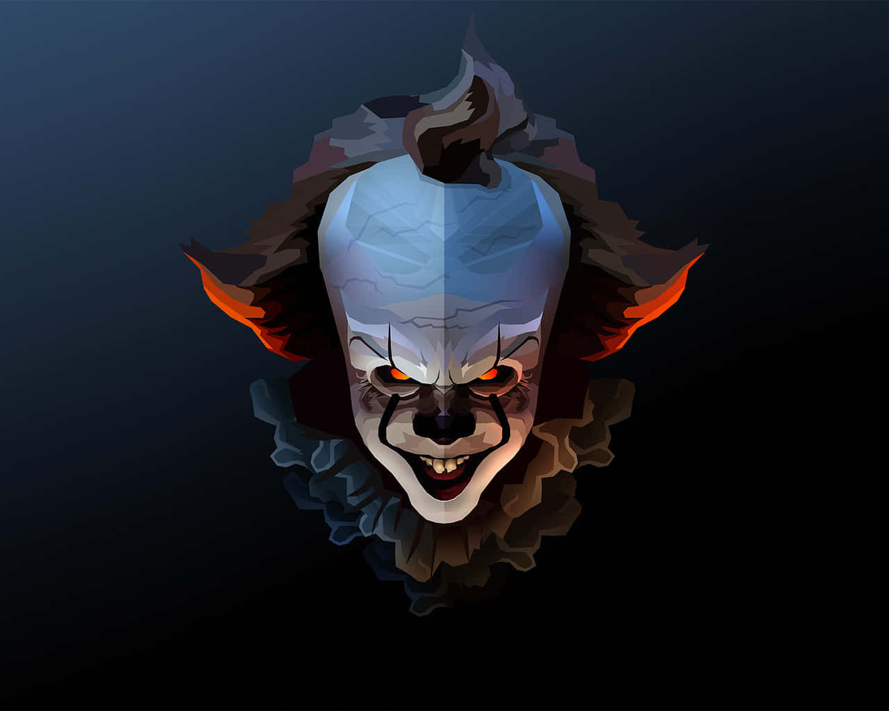 Spooky Art 桌布 壁紙 — 一個帶有發光紅眼睛和火熱橙色頭髮的威脅性小丑，在風格化的數位插圖中從黑暗中出現。