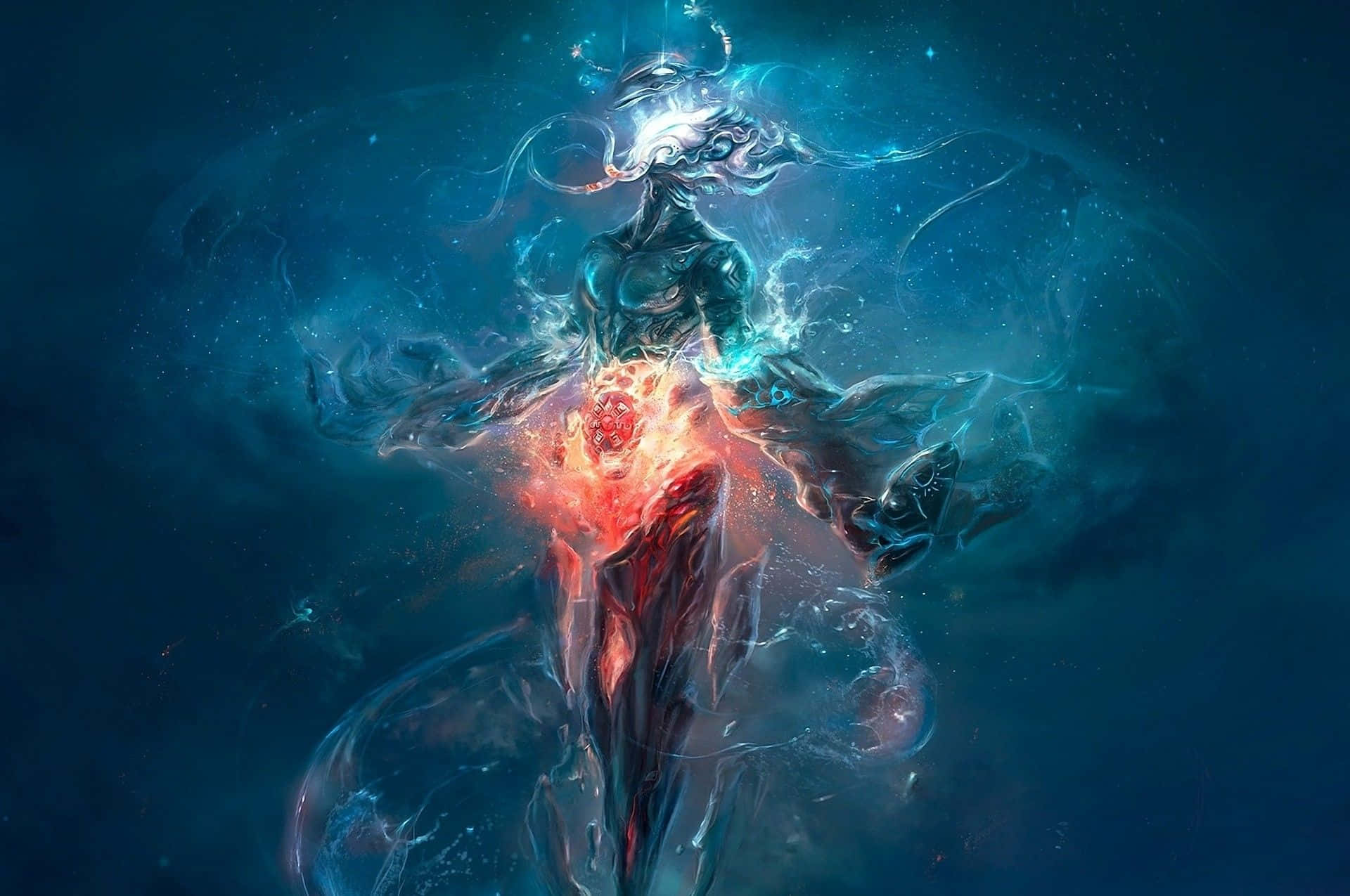 spirit 桌布 壁紙 — 一個帶有發光紅色核心和藍色能量漩渦的神秘人物漂浮在宇宙黑暗中。