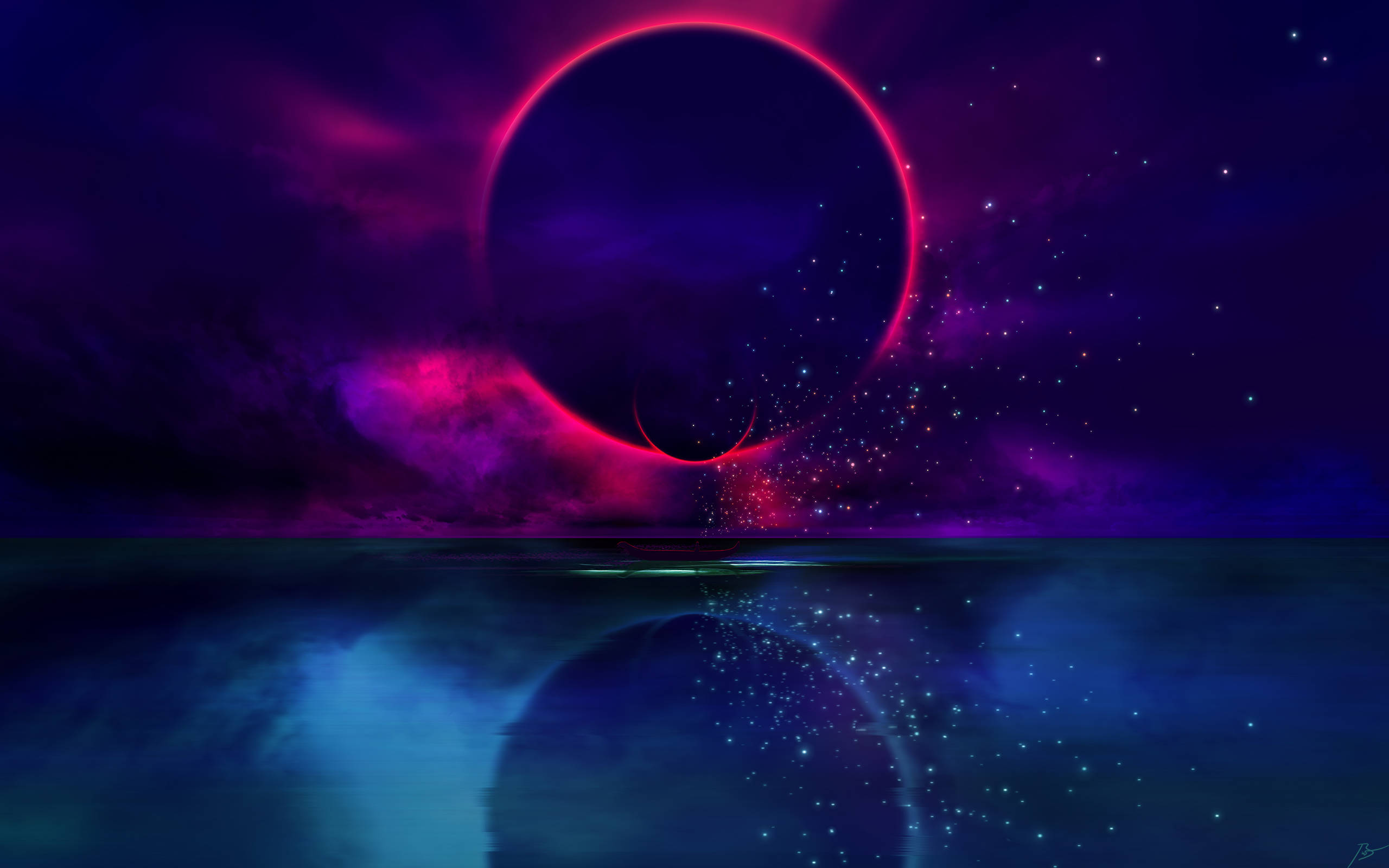 夜空 桌布 壁紙 — 一個帶有發光紅色環的宇宙日食懸浮在繁星點點的紫色天空上，倒映在寧靜的藍色海洋中。