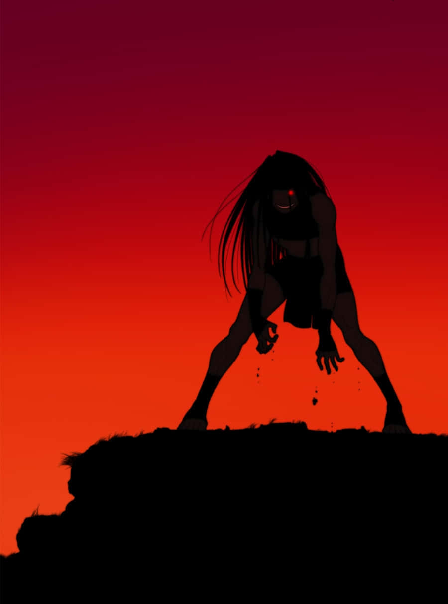Fullmetal Alchemist Envy 桌布 壁紙 — 一個帶有發光紅色眼睛的威脅性人物的剪影，蹲在懸崖頂上，背景是火紅的日落天空。