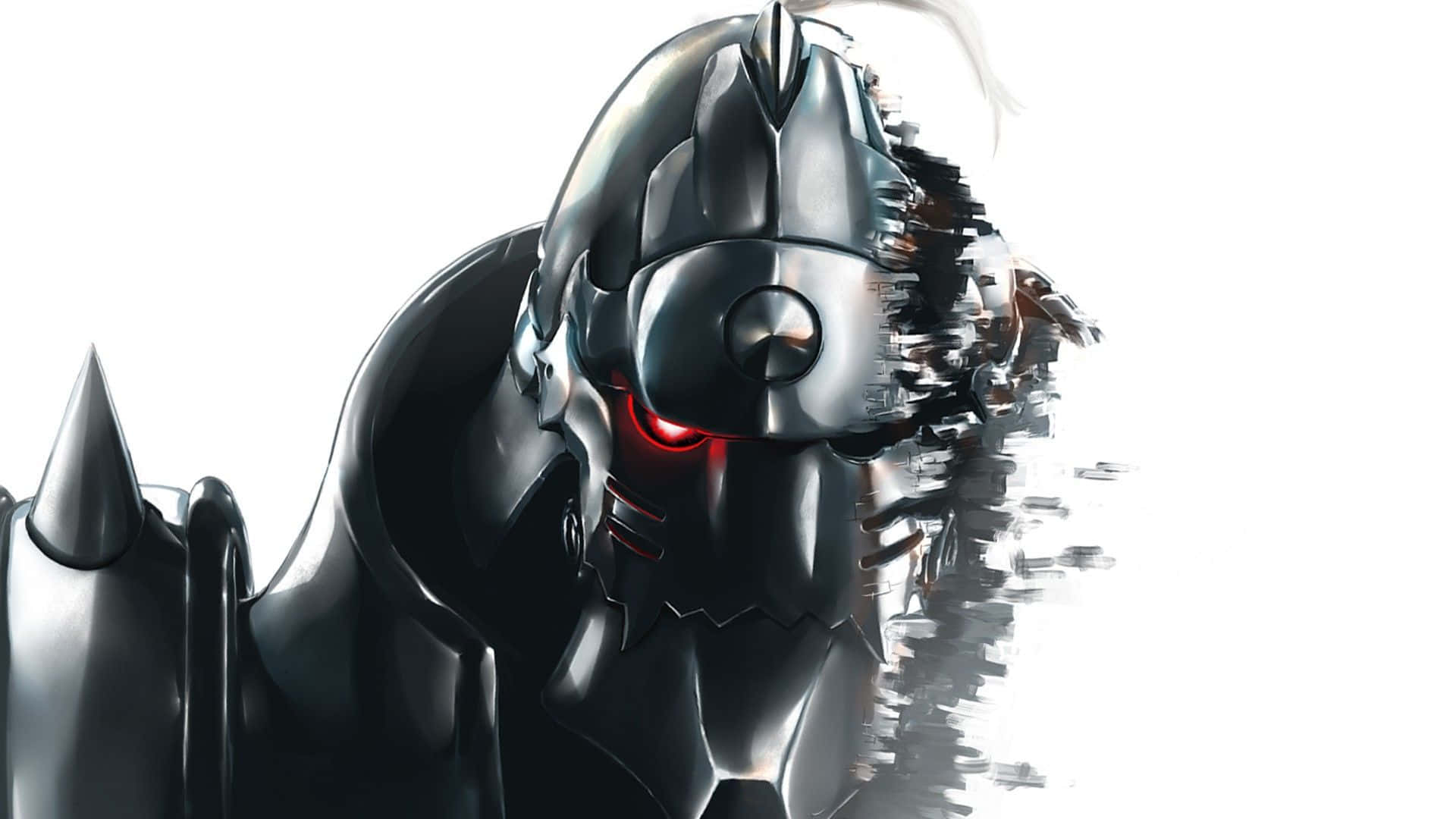 Alphonse Elric 桌布 壁紙 — 一個帶有發光紅色眼睛的威脅性黑色裝甲機械人，在純白色背景上部分分解成像素化碎片。