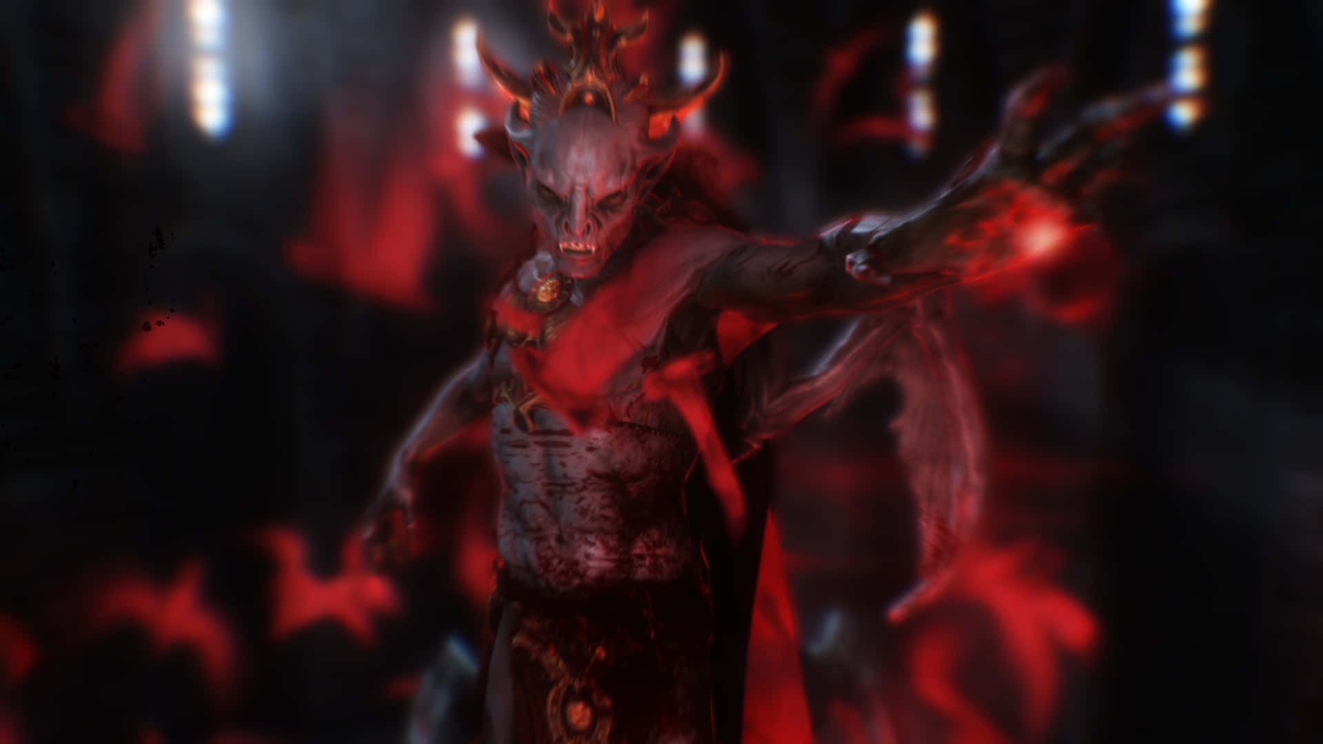 Vampire Lord 桌布 壁紙 — 一個帶有發光紅色角和火焰光環的惡魔般人物，在黑暗、血紅色的環境中威嚇地站立。