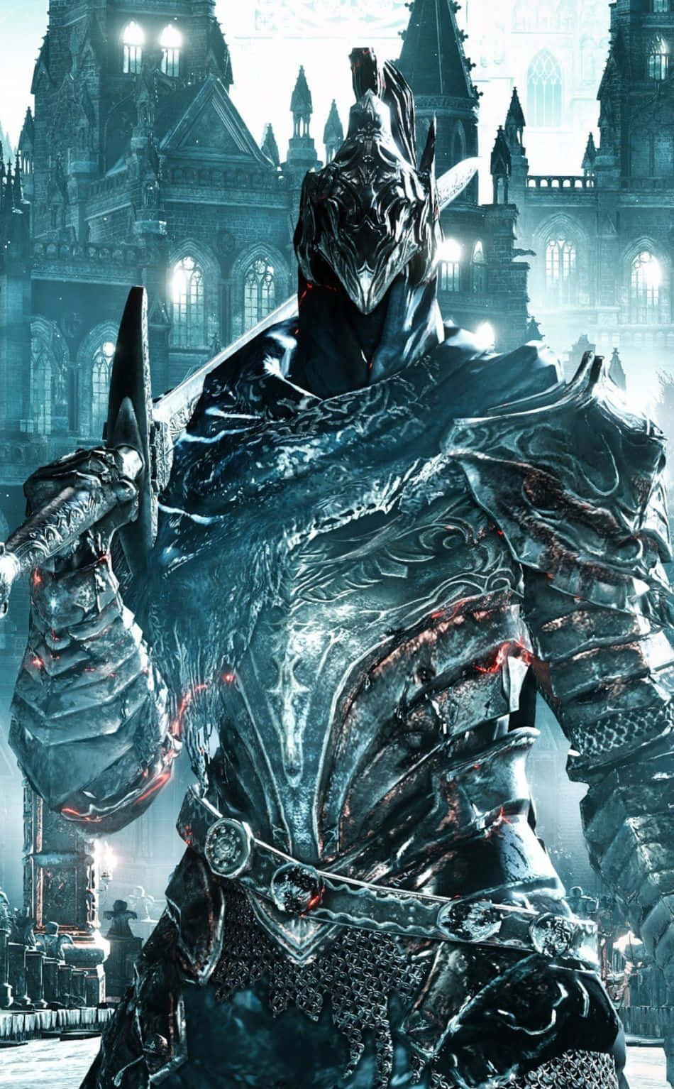 Artorias The Abysswalker 桌布 壁紙 — 一個帶有發光紅色點綴的威嚇裝甲騎士，站在寒冷藍色暮色天空下的哥德式大教堂前。