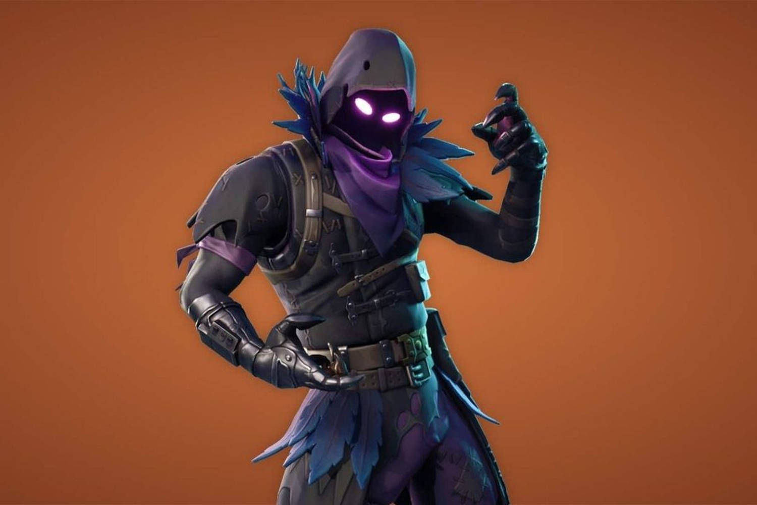 Fortnite 桌布 壁紙 — 一個帶有發光紫色眼睛和暗色盔甲的威嚇性Fortnite角色在橙色背景前擺姿勢。