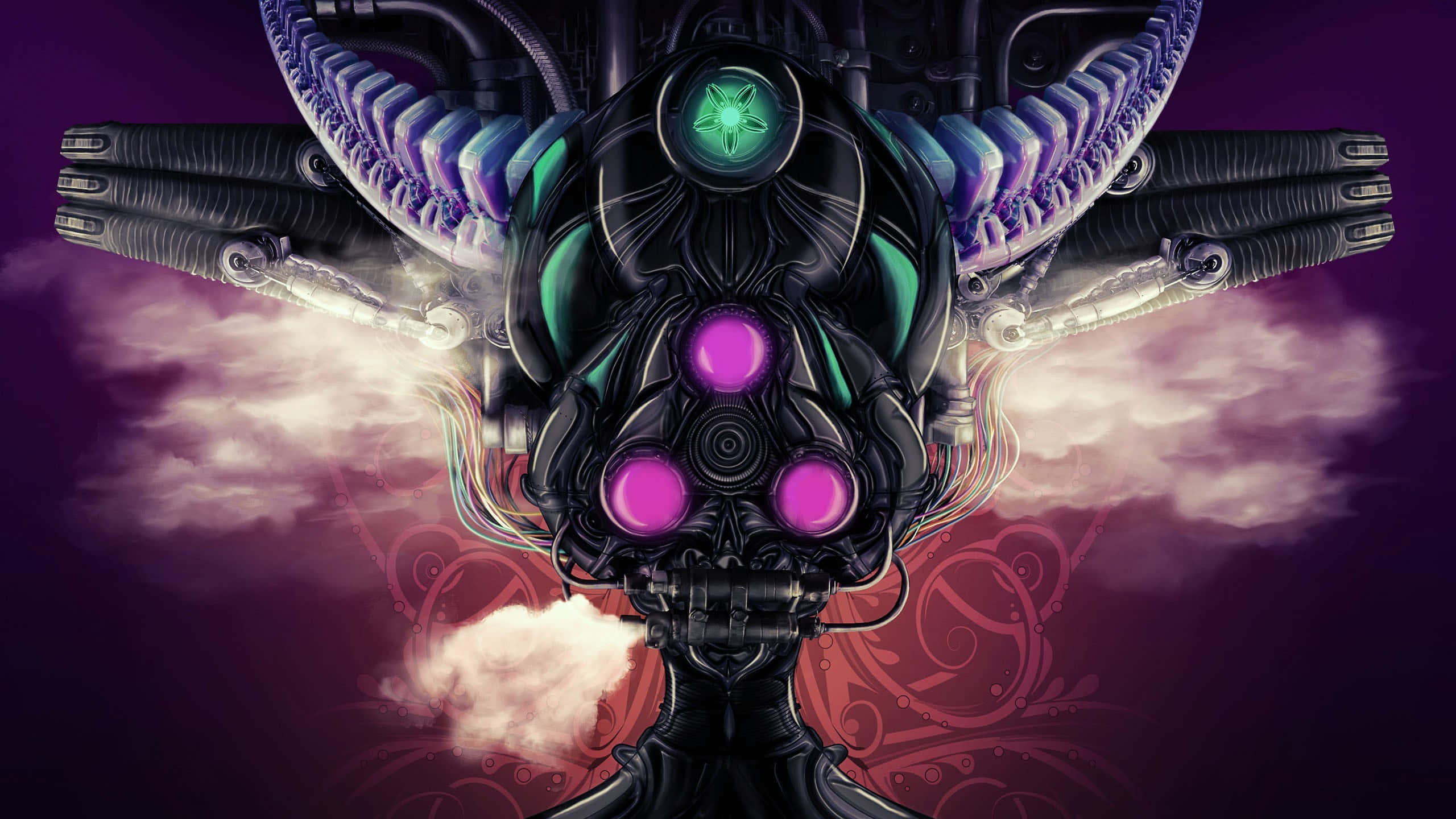 psychedelic art 桌布 壁紙 — 一個帶有發光紫色眼睛和綠色核心的威脅性生物機械實體，在暴風雨的紫色天空中漂浮。