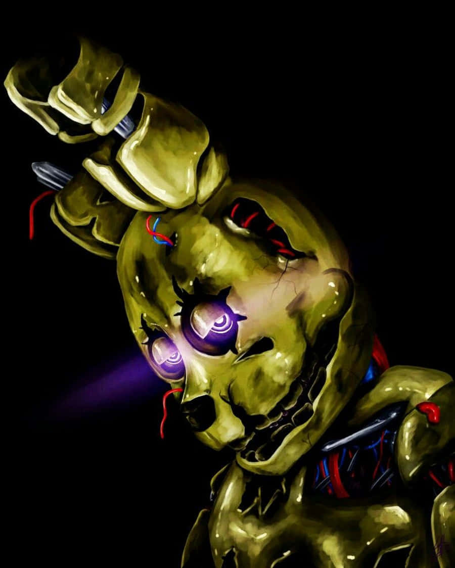 Scraptrap 桌布 壁紙 — 一個帶有發光紫色眼睛和裸露電線的威脅性金色電子動畫，在黑色背景下強烈凝視。