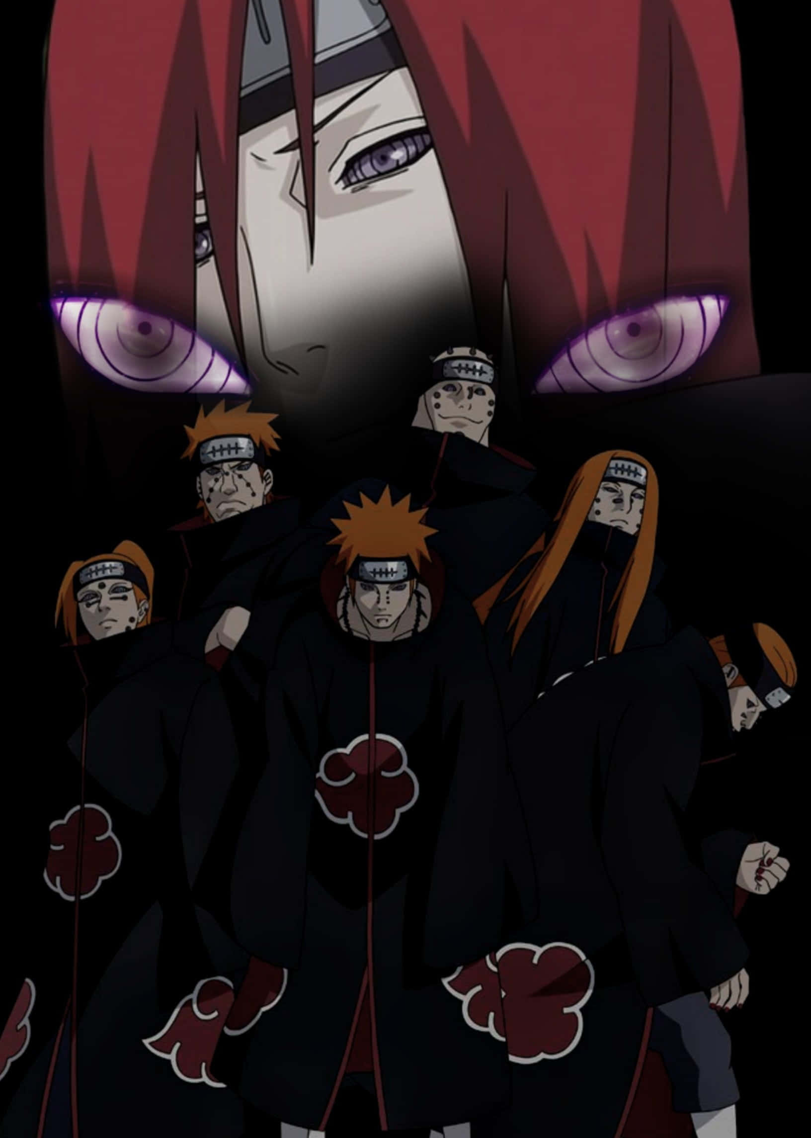 Akatsuki Poster 桌布 壁紙 — 一個帶有發光紫色眼睛的威嚇動漫角色，聳立在一群穿著帶有紅色雲紋黑色斗篷的蒙面忍者之上。