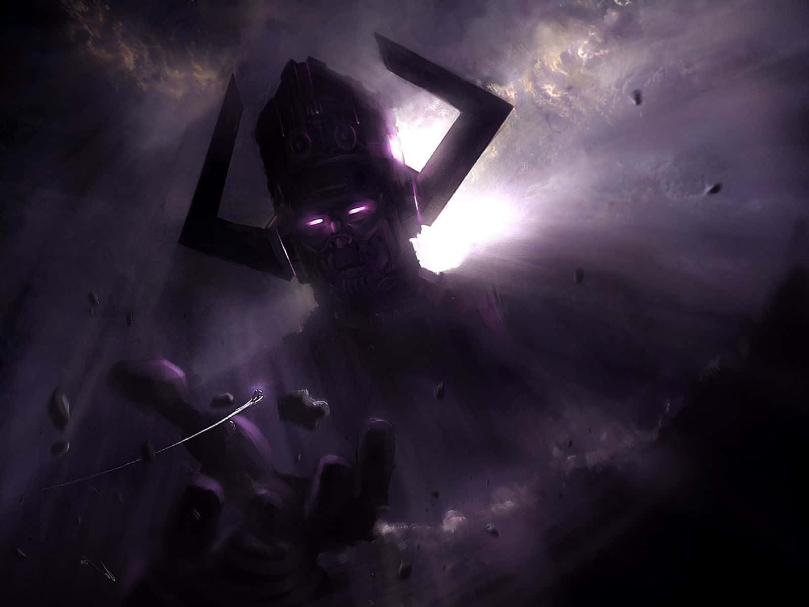 Galactus 桌布 壁紙 — 一個帶有發光紫色眼睛的威脅性宇宙實體從暴風虛空中出現，其輪廓被一束光芒所框住。