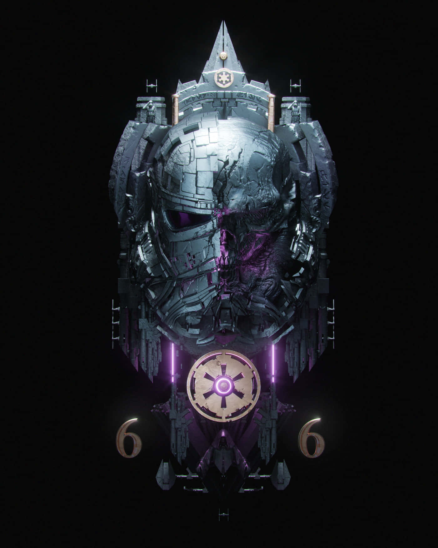 The Order 66 桌布 壁紙 — 一個帶有發光紫色眼睛的威脅性金屬骷髏頭，下方有一個黑暗的星艦標誌，置於黑色虛空中。