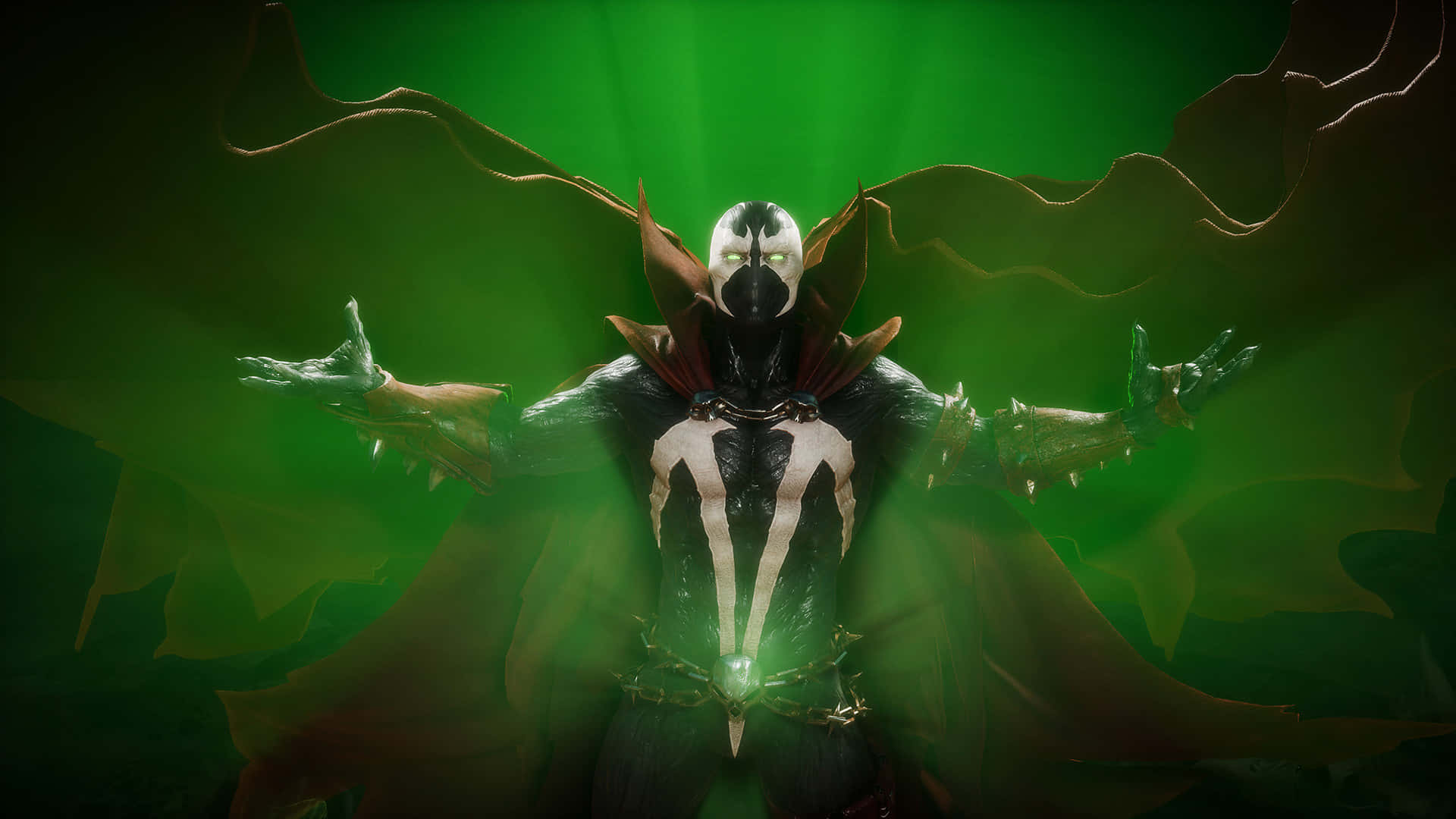 Mortal Kombat 11 Spawn 桌布 壁紙 — 一個帶有發光綠色眼睛和伸展雙臂的威脅性面具戰士，站在一個帶有飄逸黑色斗篷的燦爛綠色背景前。