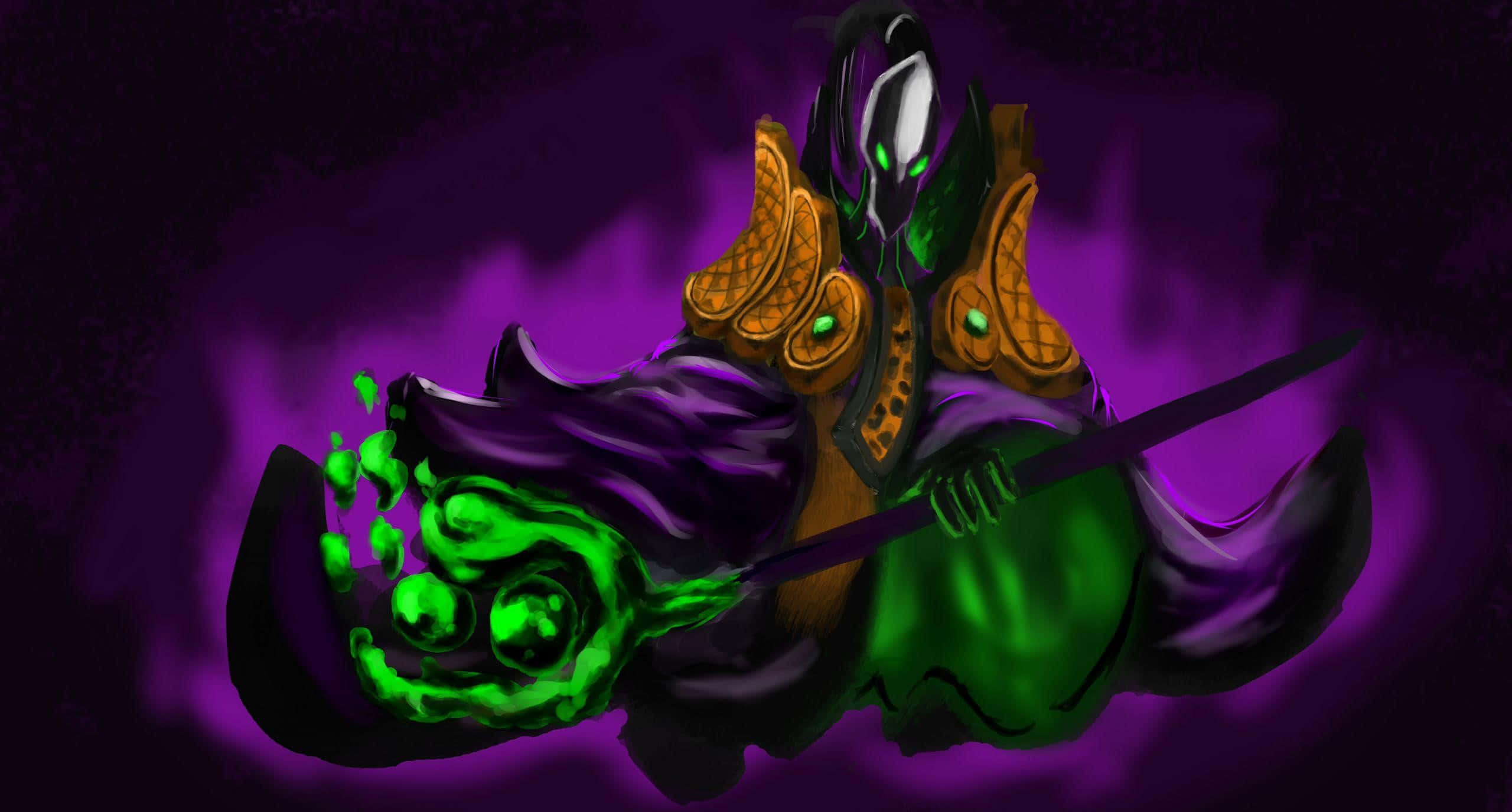 Rubick 桌布 壁紙 — 一個帶有發光綠色眼睛和冒泡綠色大鍋的威脅性黑暗巫師，漂浮在旋轉的紫色虛空中。