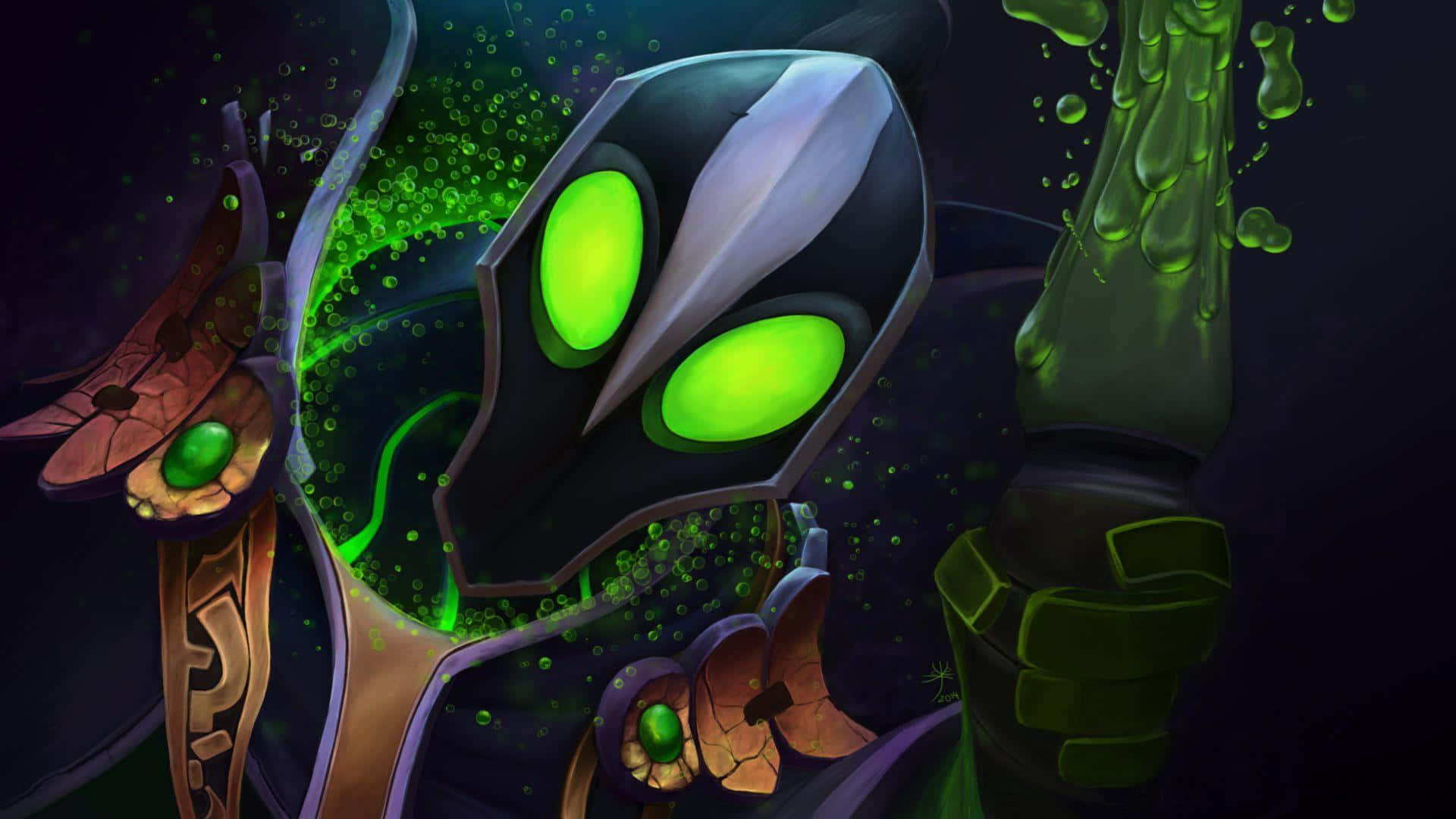 Rubick 桌布 壁紙 — 一個帶有發光綠色眼睛和冒泡綠色液體從其裝甲形態滴落，在黑暗背景下的威脅性外星人。