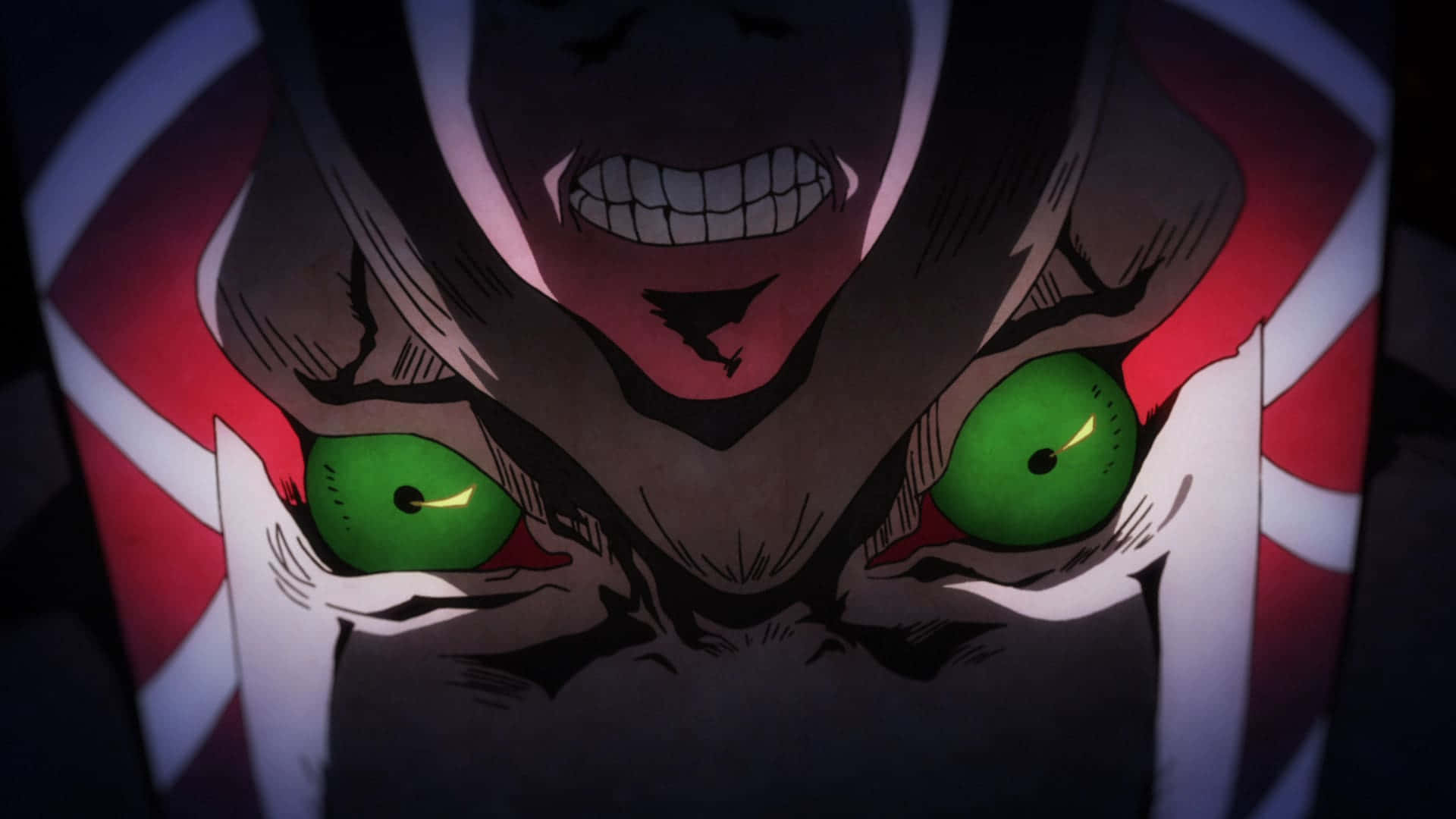 Jojo King Crimson 桌布 壁紙 — 一個帶有發光綠色眼睛和咧嘴露齒笑容的威脅性動漫角色，背景為紅白條紋。