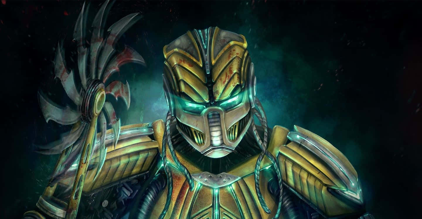 Mortal Kombat Legacy 桌布 壁紙 — 一個帶有發光綠色眼睛和尖刺斧頭的威脅性裝甲戰士，站在黑暗的宇宙背景前。