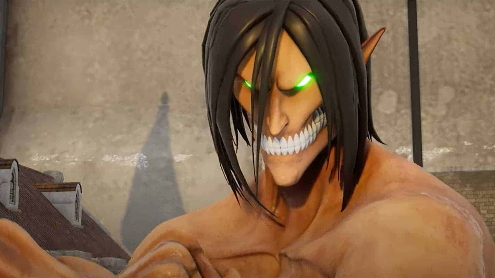 Attack On Titan Video Game 桌布 壁紙 — 一個帶有發光綠色眼睛和尖銳牙齒的威脅性巨人，聳立在廢墟城市景觀之上。