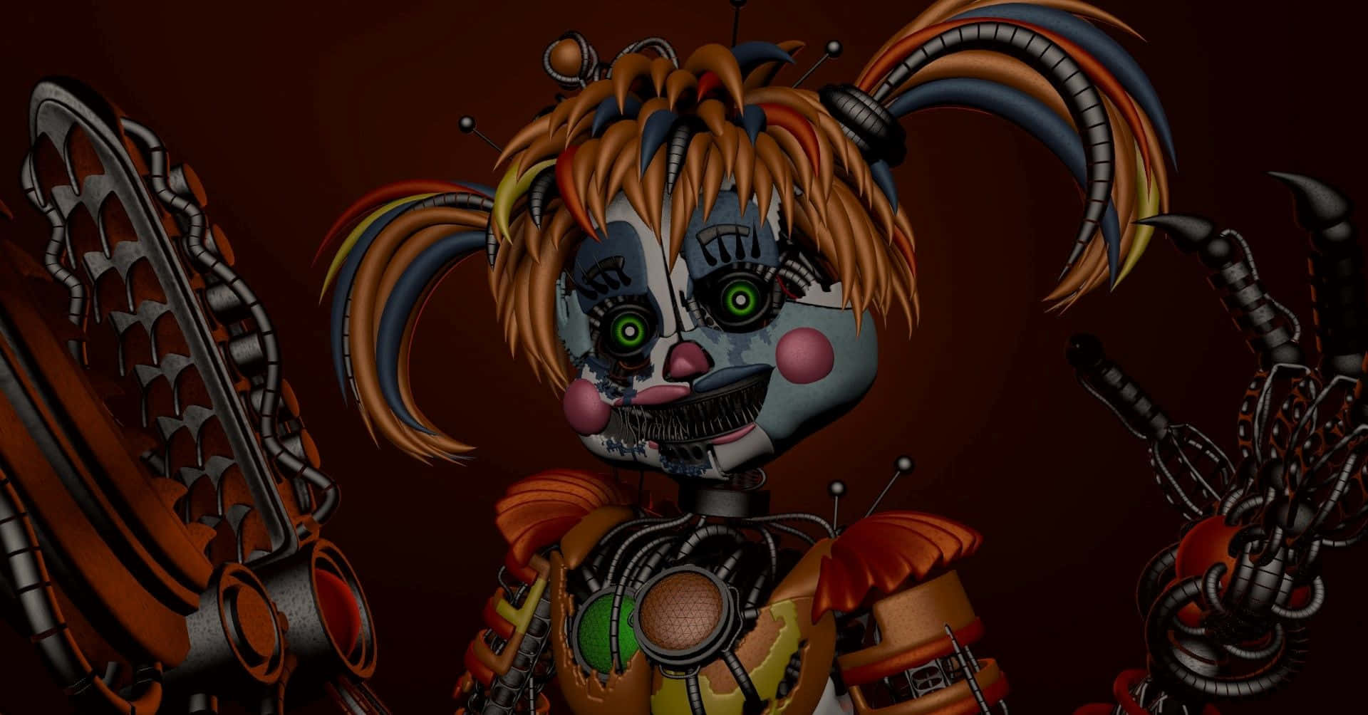 Scrap Baby 桌布 壁紙 — 一個帶有發光綠色眼睛和機械四肢的威脅性電子動畫，站在深紅色背景前。