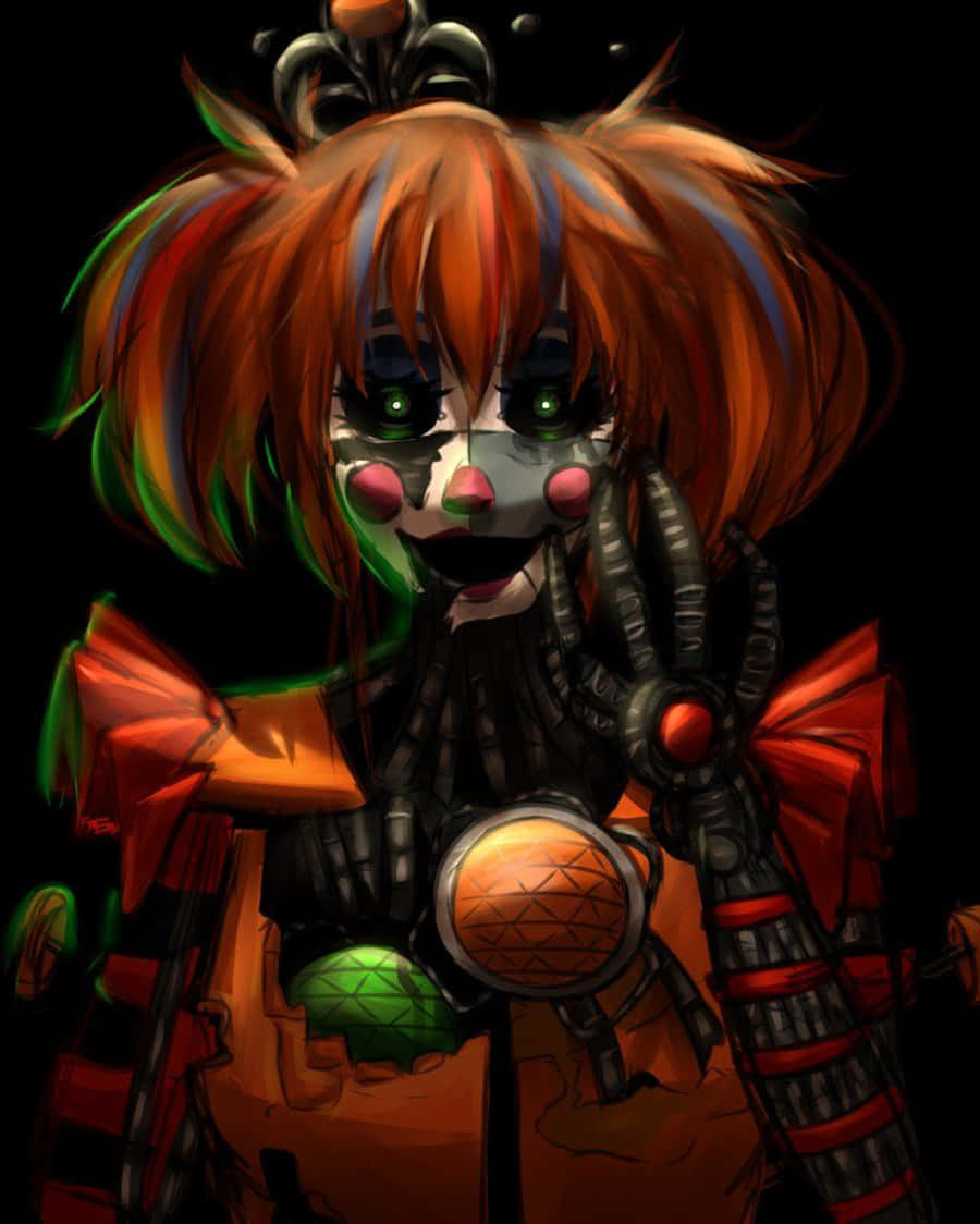 Scrap Baby 桌布 壁紙 — 一個帶有發光綠色眼睛和機械肢體的威脅性小丑，在黑色背景前拿著一個發光球體。