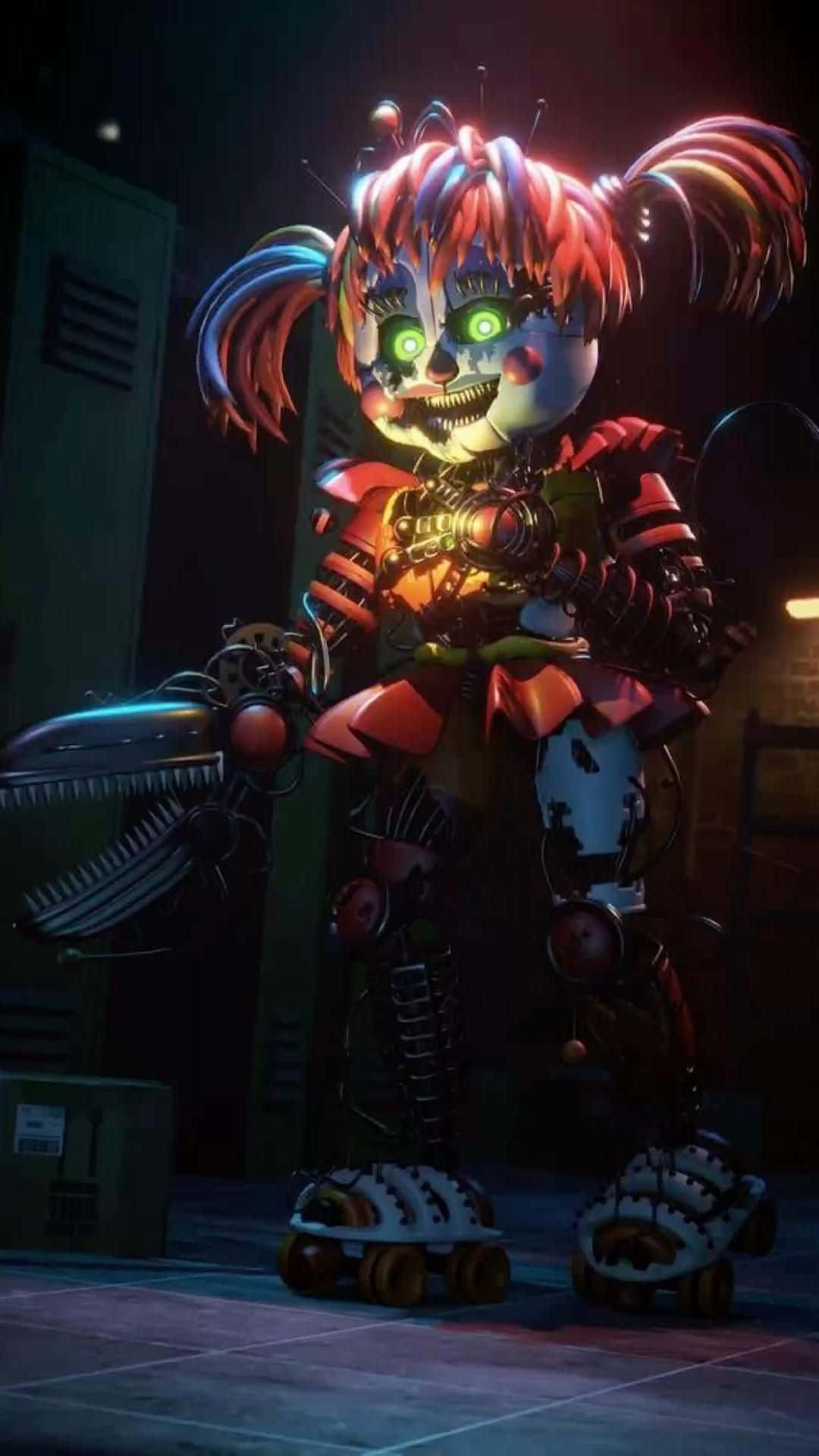 Scrap Baby 桌布 壁紙 — 一個帶有發光綠色眼睛和溜冰鞋的可怕機械女孩，站在光線昏暗的工業房間裡。