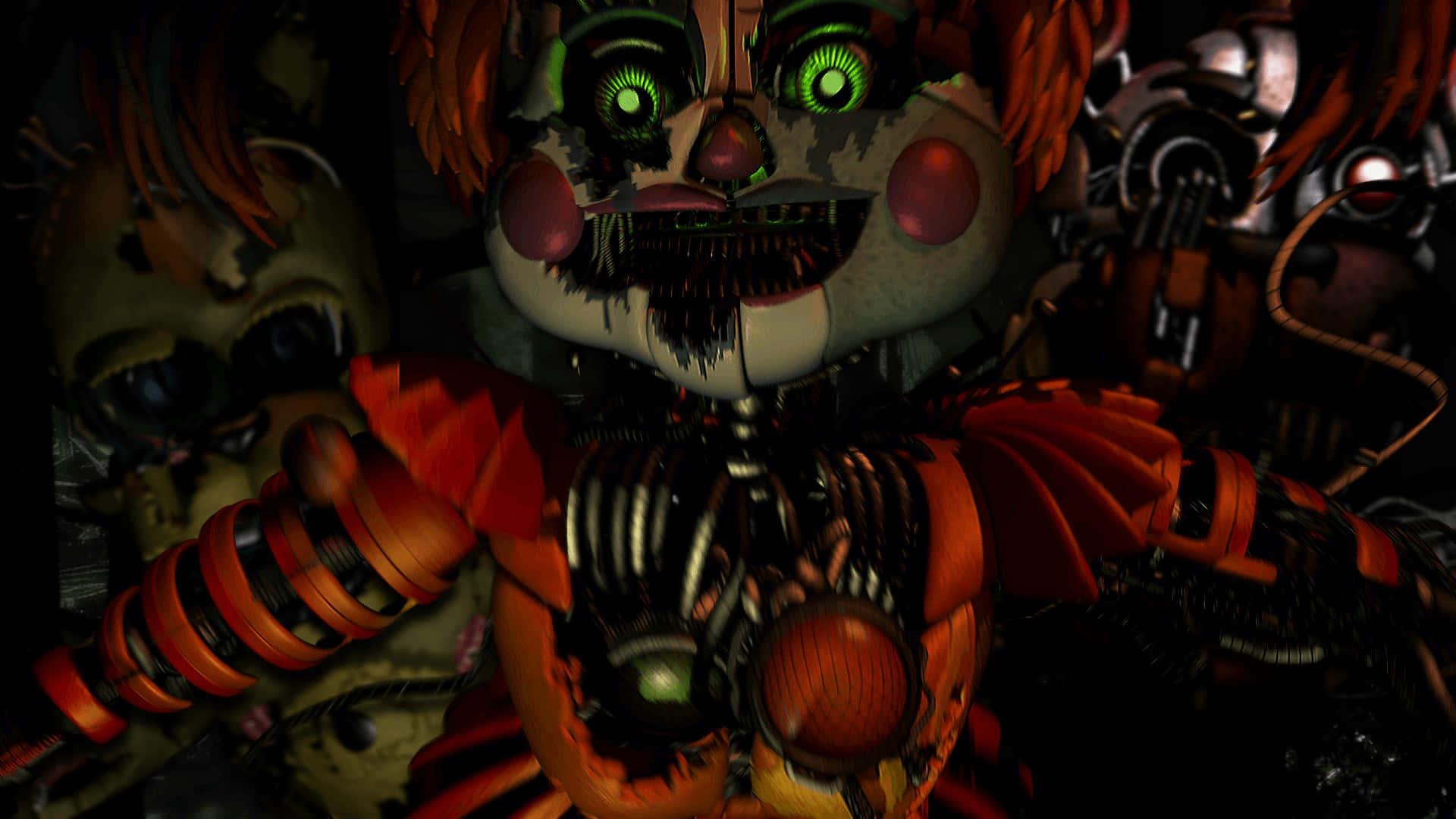 Scraptrap 桌布 壁紙 — 一個帶有發光綠色眼睛和生鏽機械四肢的威脅性電子動畫小丑潛伏在黑暗中。