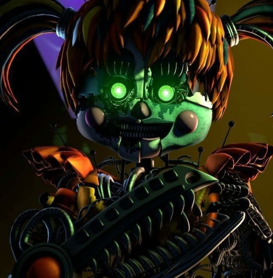 Scrap Baby 桌布 壁紙 — 一個帶有發光綠色眼睛和生鏽機械肢體的威脅性電子動畫角色，在黑暗背景中手持鋸齒刀片。